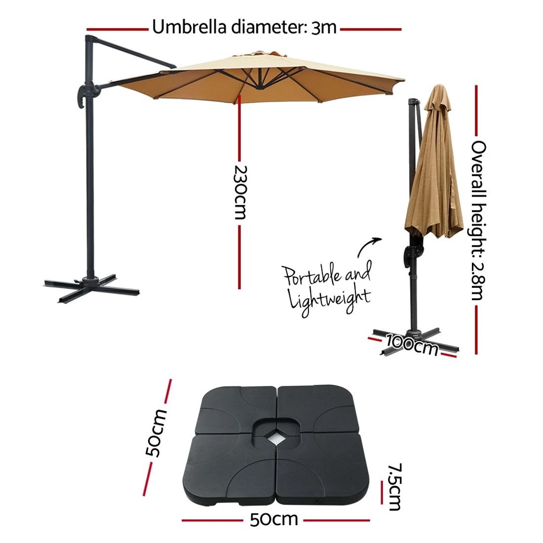 2 Instahut 3m Outdoor Umbrella w/Base Cantilever Beach Roma 360 Degree Tilt - White, 2 of 5