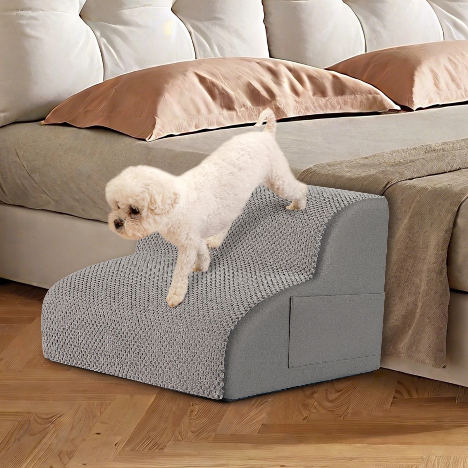 4 Costway 2-Tier Foam Dog Ramp Pet Step Stairs w/Hair Remover - Grey, 4 of 6