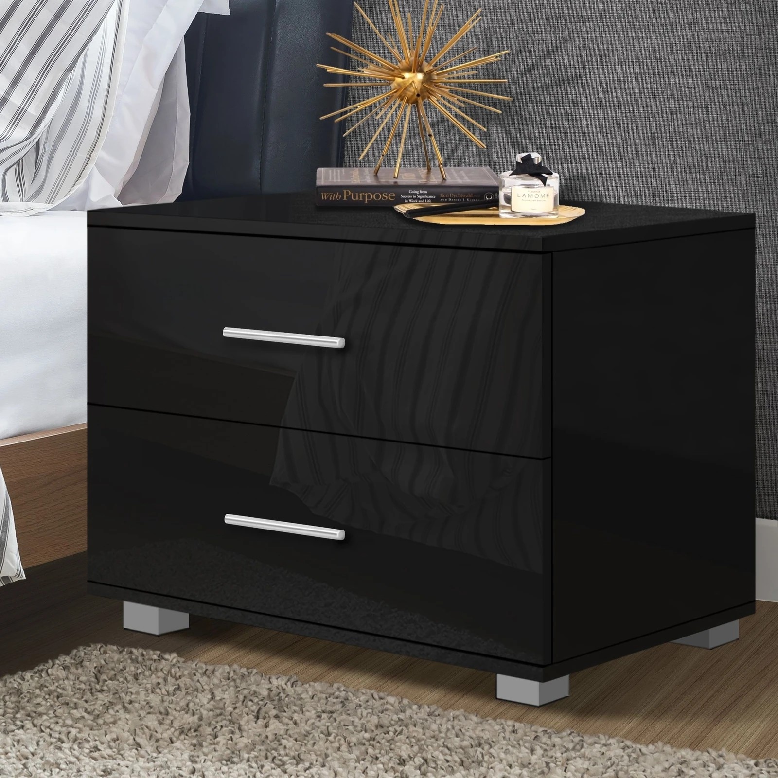 6 Alfordson 2x Bedside Table Nightstand 4 Side High Gloss Black Side End Table - Black, 6 of 7