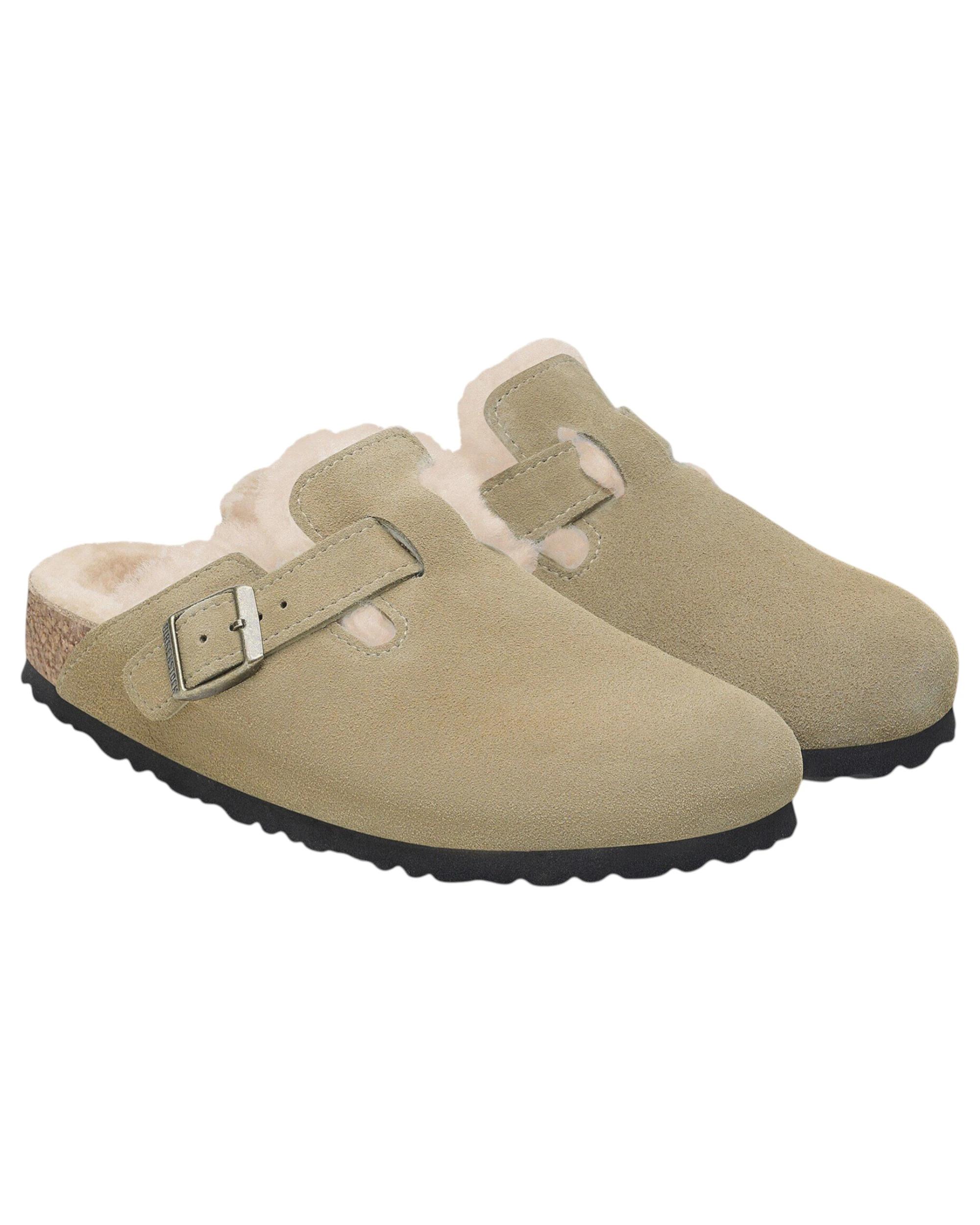 7 Birkenstock Womens Boston Shearling Suede Leather Narrow Slip On Sandals TAUPE, 7 of 8