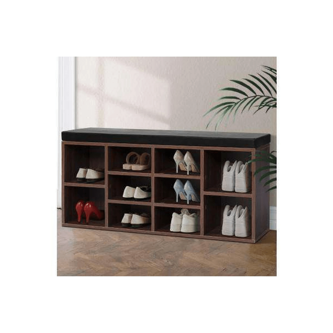 7 Artiss 10-Pair Shoe Cabinet Bench with 4cm PU Leather Seat, Walnut - Brown, 7 of 7