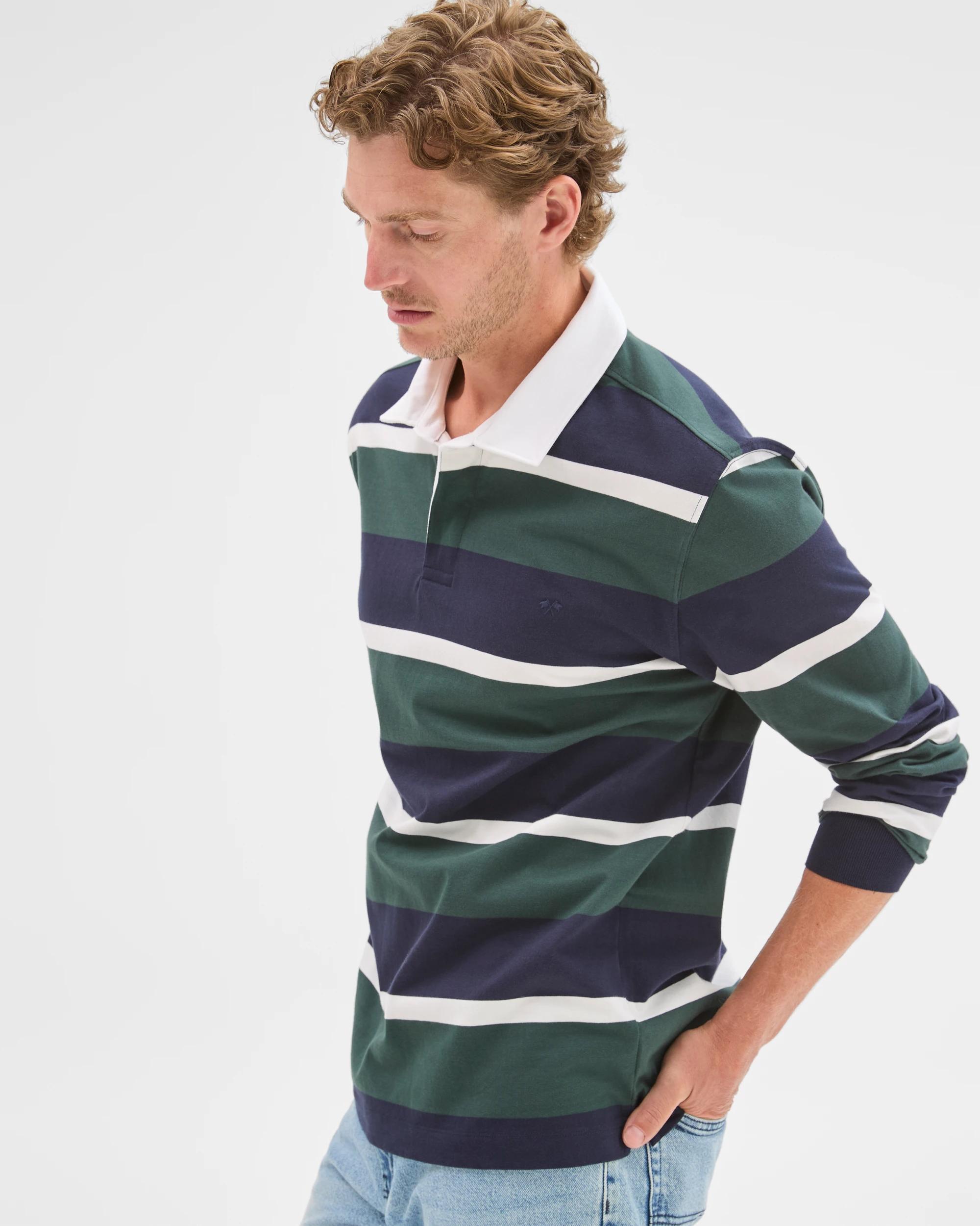 6 Target Man Australian Cotton Long Sleeve Rugby Polo Top NAVY GREEN STRIPE, 6 of 8