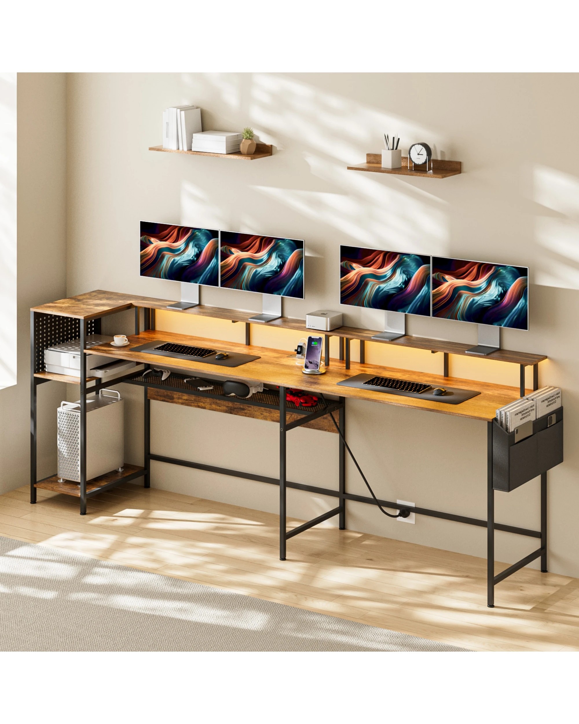 5 Advwin 150cm L Shaped Computer Desk w/ LED Lights & Power Outlets Convertible Gaming Desk  - Brown, 5 of 10