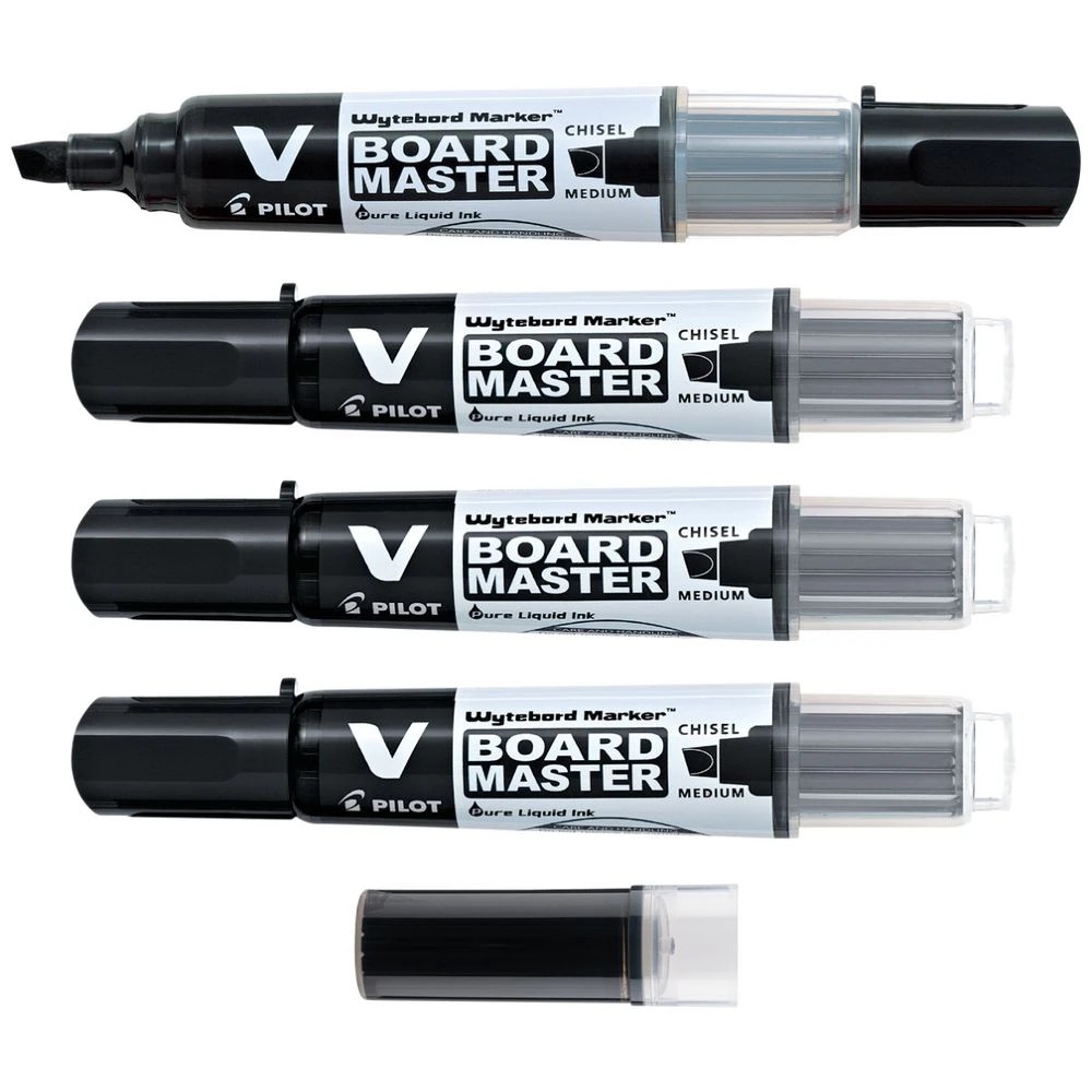 3 PILOT V Board Whiteboard Marker Chisel Black 4 Pack + Refill, 3 of 8