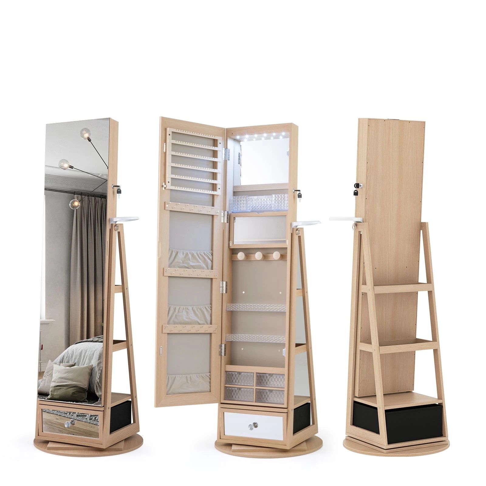1 Costway 1.64M Swivel Jewellery Cabinet Mirror Lockable Armoire w/Hair Dryer Rack Storage Shelves - Natural, 1 of 4