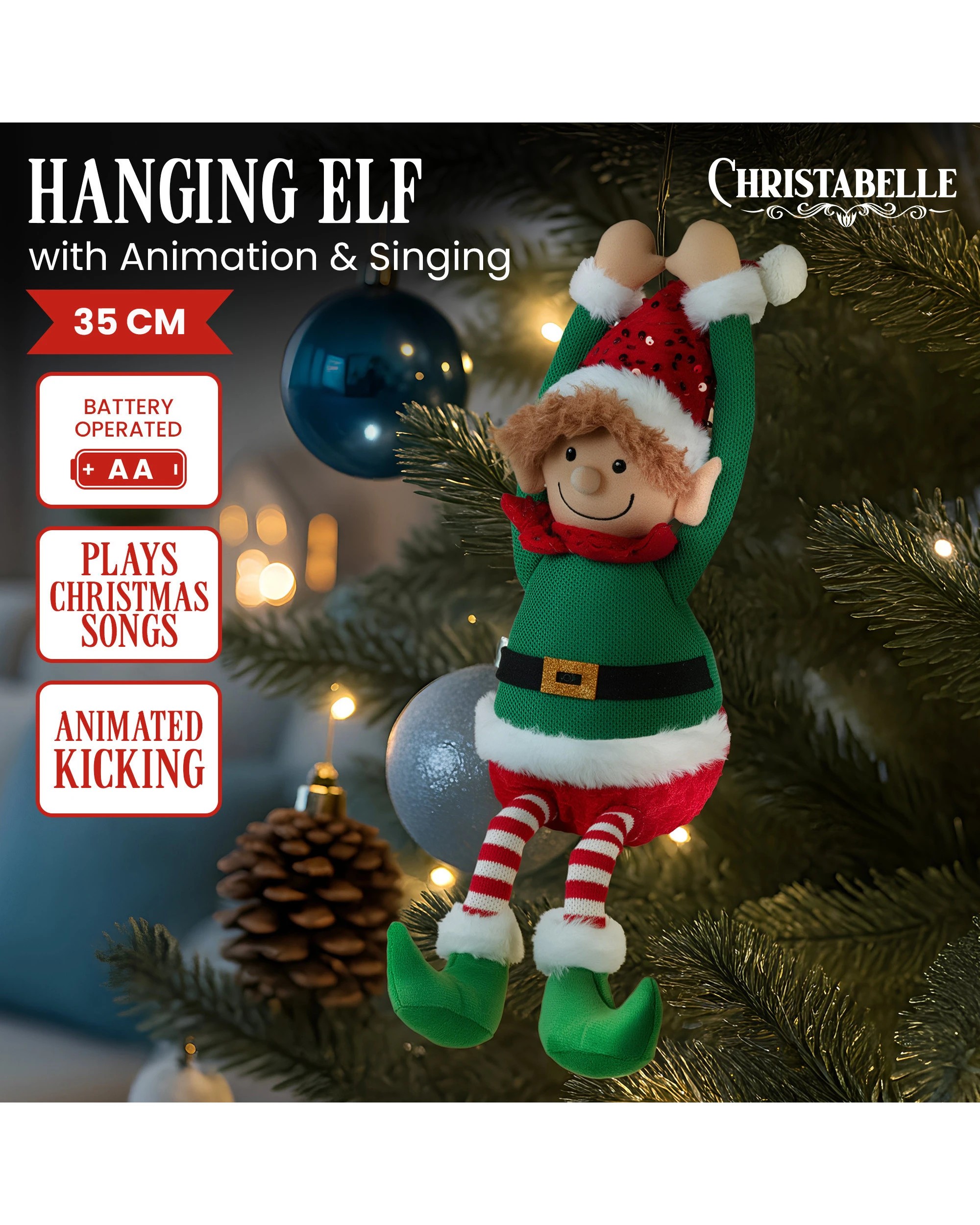2 Christabelle 37cm Christmas Elf Animated Musical Decoration Ornament For Table Top Or Mantel Display, 2 of 5