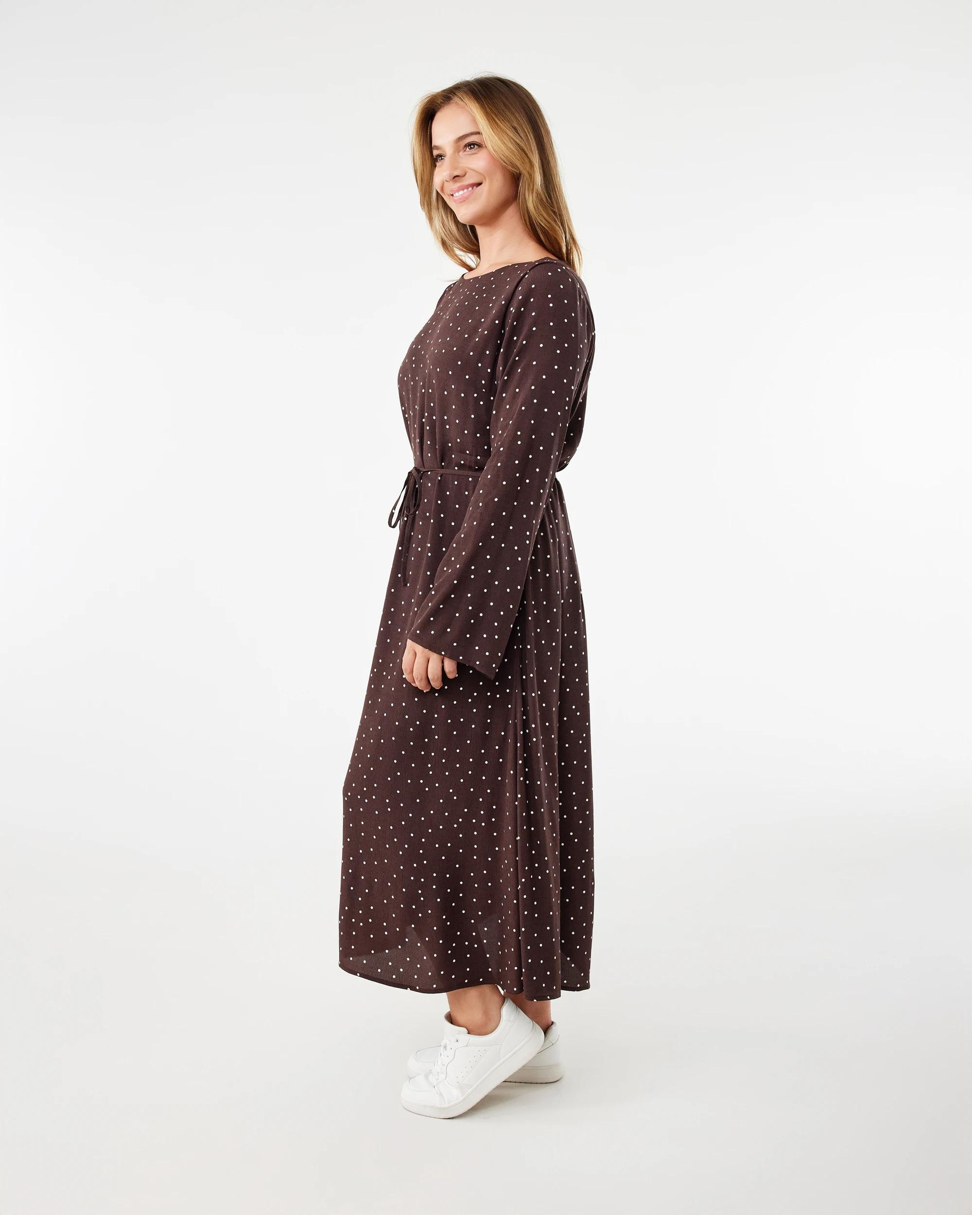 2 Long Sleeve Crepe Tie Waist Midi Dress Midspot Br, 2 of 6