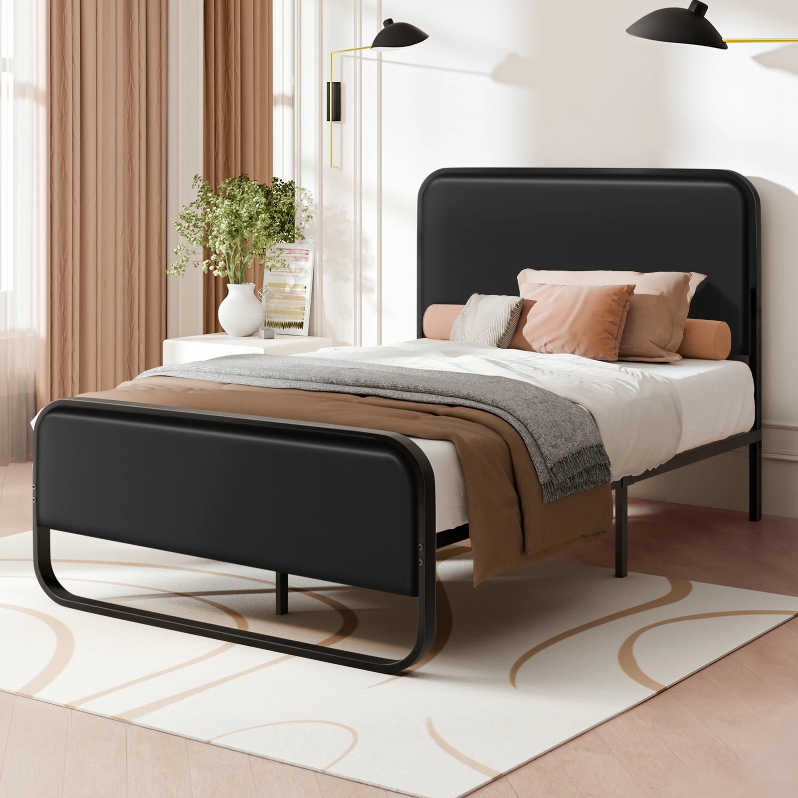 2 Alfordson Metal Bed Frame Single Size Upholstered Headboard Leather Madge - Black, 2 of 10