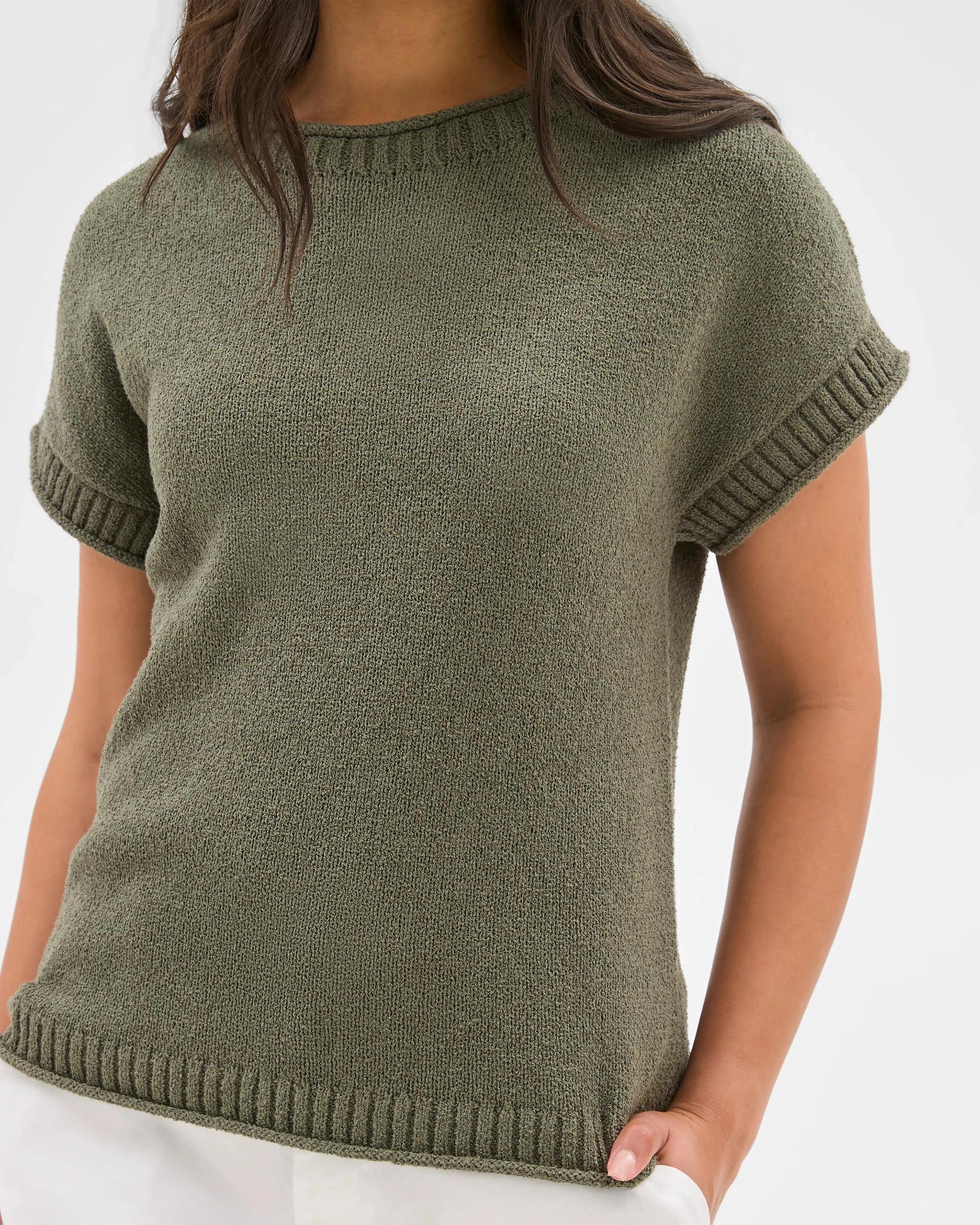 3 Target Australian Cotton Blend Boucle Roll Trim Knit Top DUSTY KHAKI, 3 of 6