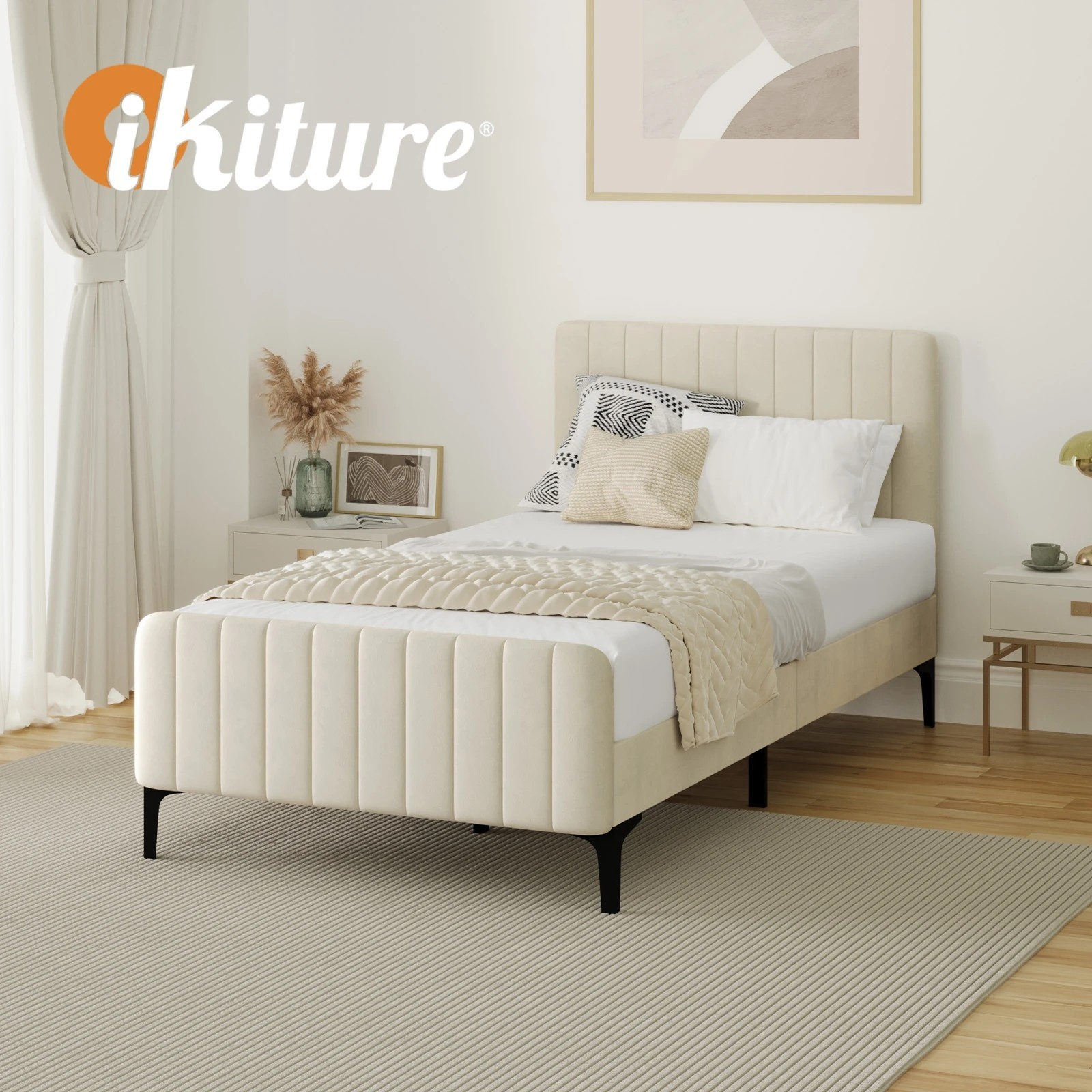 6 Oikiture King Single Bed Frame Beds Platform Velvet
 - Beige, 6 of 10