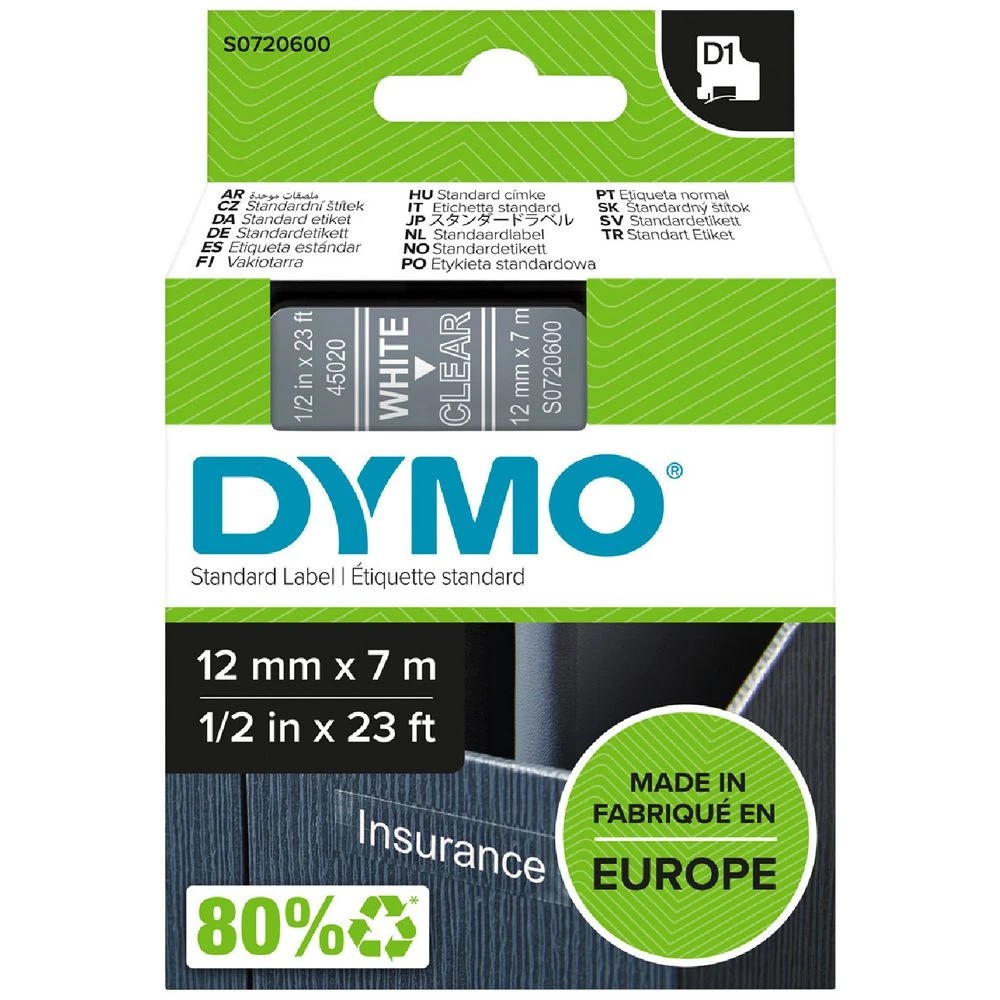1 DYMO D1 Label Tape 12mm x 7m White on Clear, 1 of 3