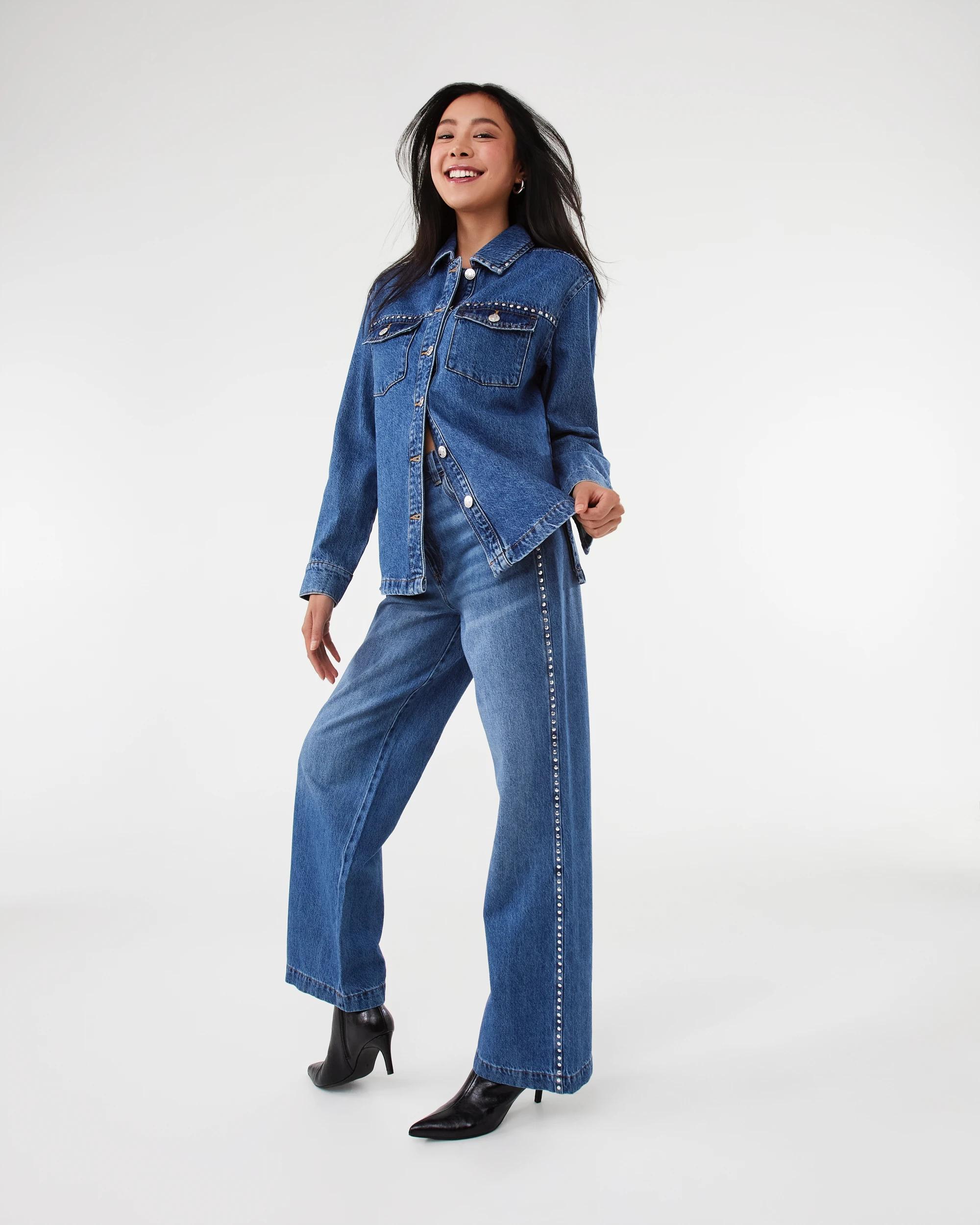 3 Long Sleeve Studded Denim Shirt Mid Wash, 3 of 9