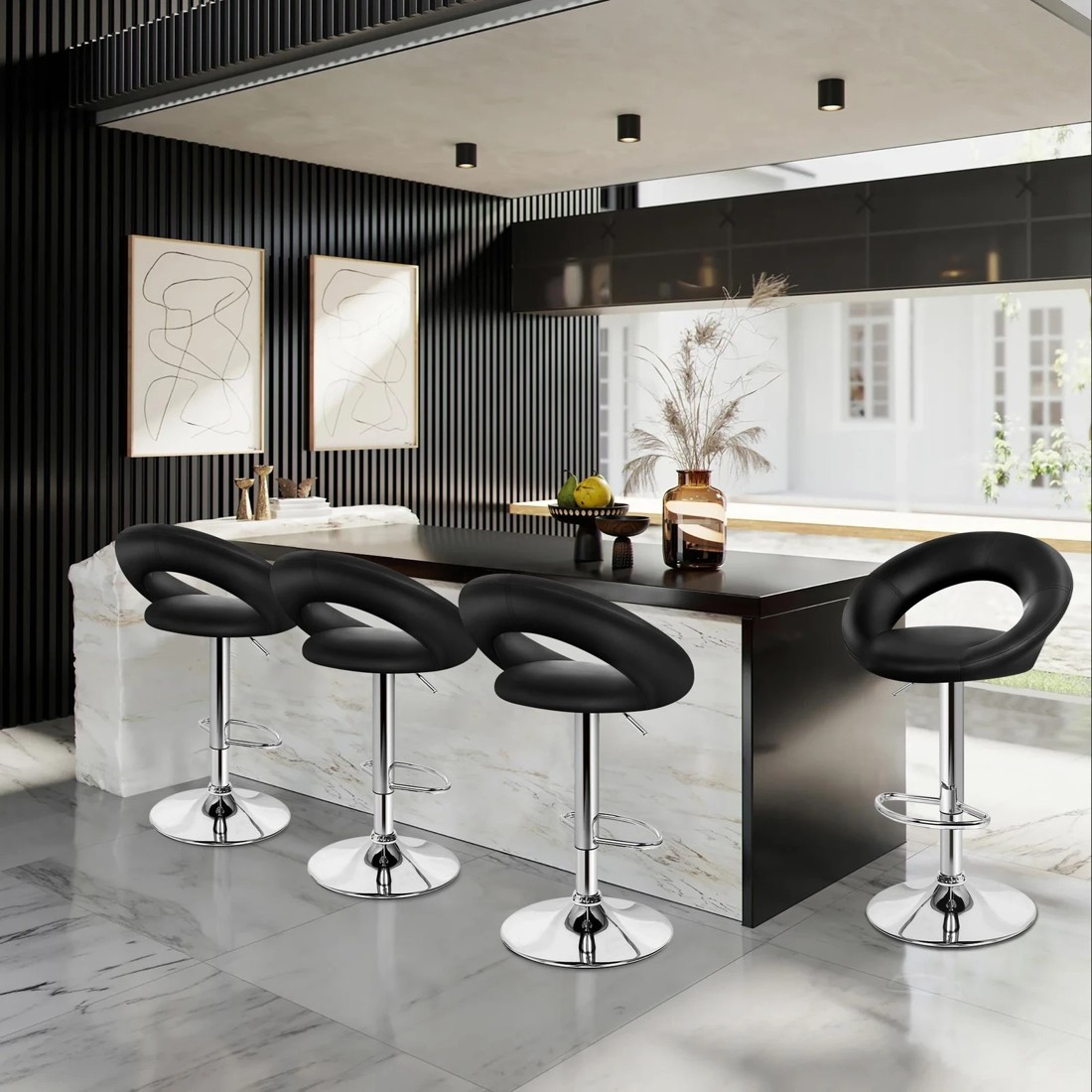3 Alfordson 2x Bar Stools Ovadia Kitchen Swivel Chair Leather Gas Lift - Black, 3 of 7