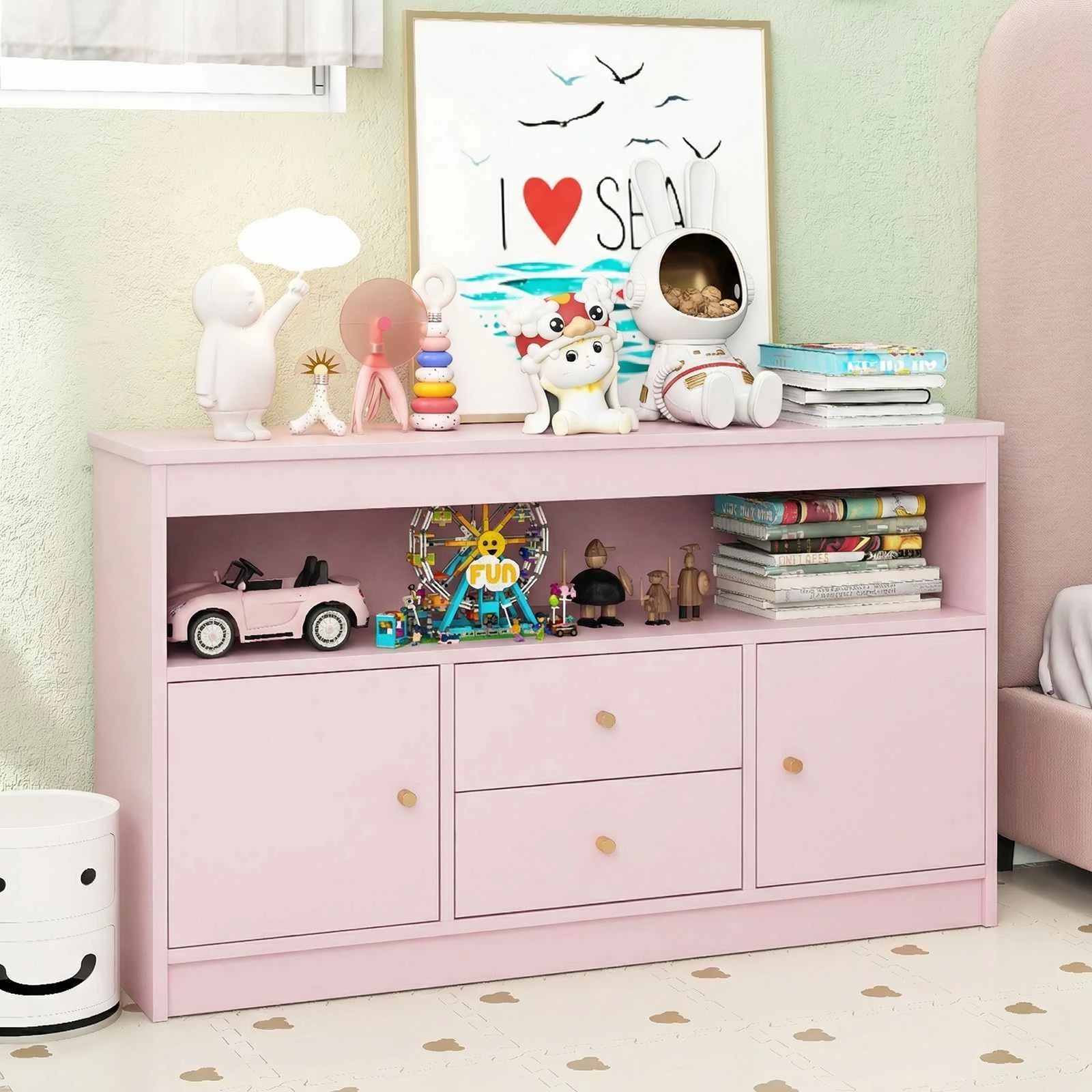 3 Costway Toy Storage Organizer Chest Bookshelf w/Drawers - Pink, 3 of 3