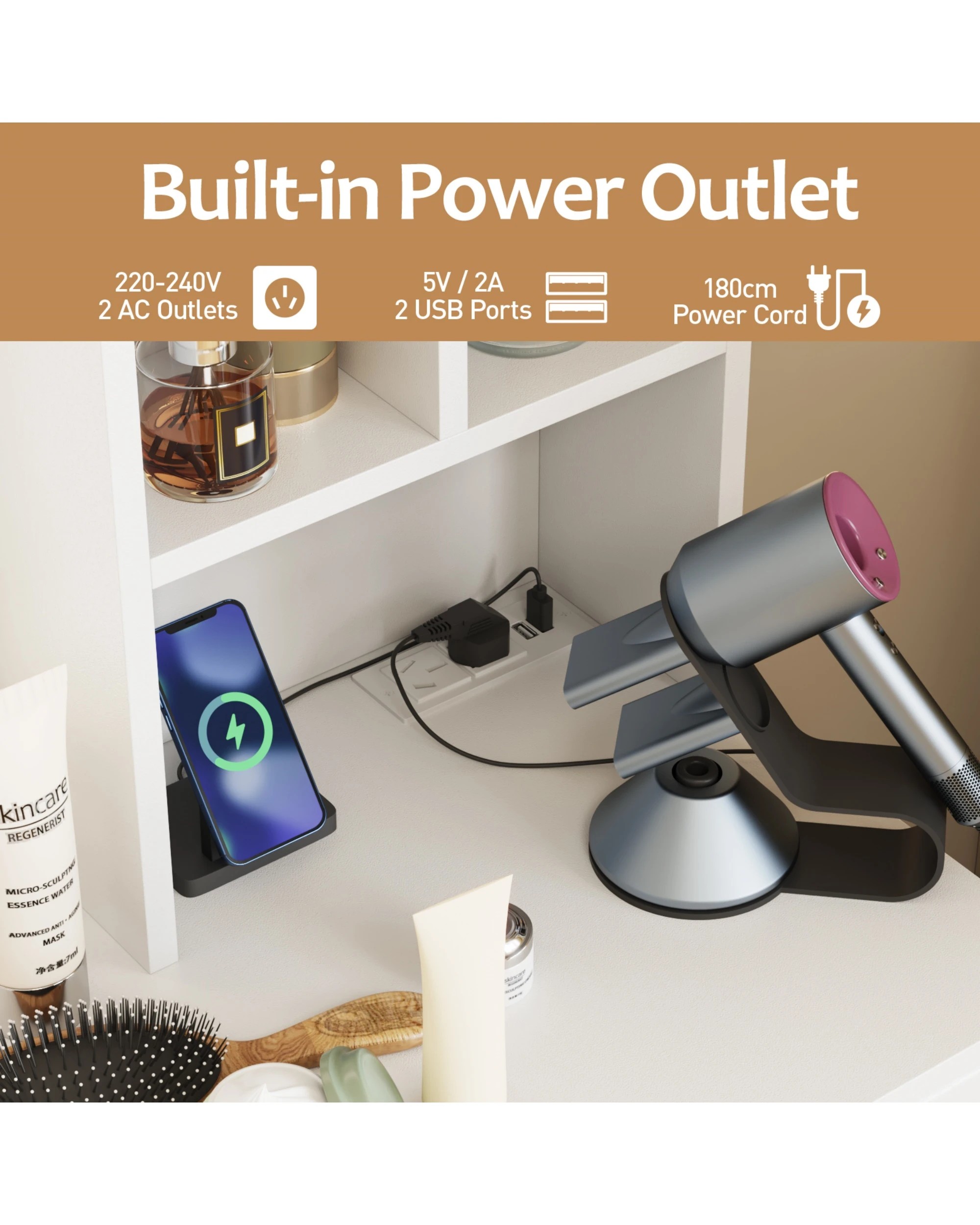 6 Advwin Dressing Table Stool Set Charging Station Led Mirror, 6 of 10