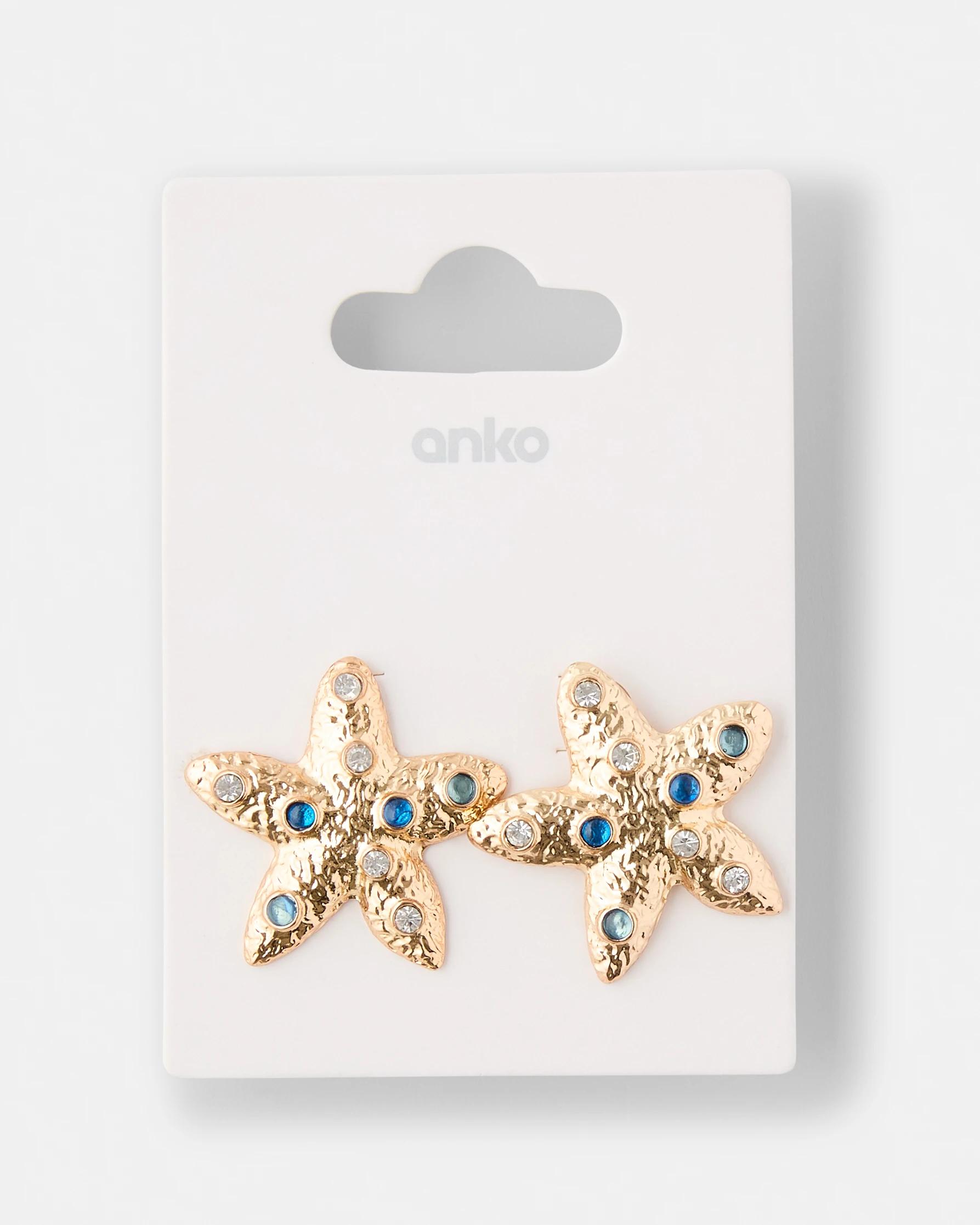 5 Diamante Starfish Stud Earrings - Gold Tone Gold, 5 of 5