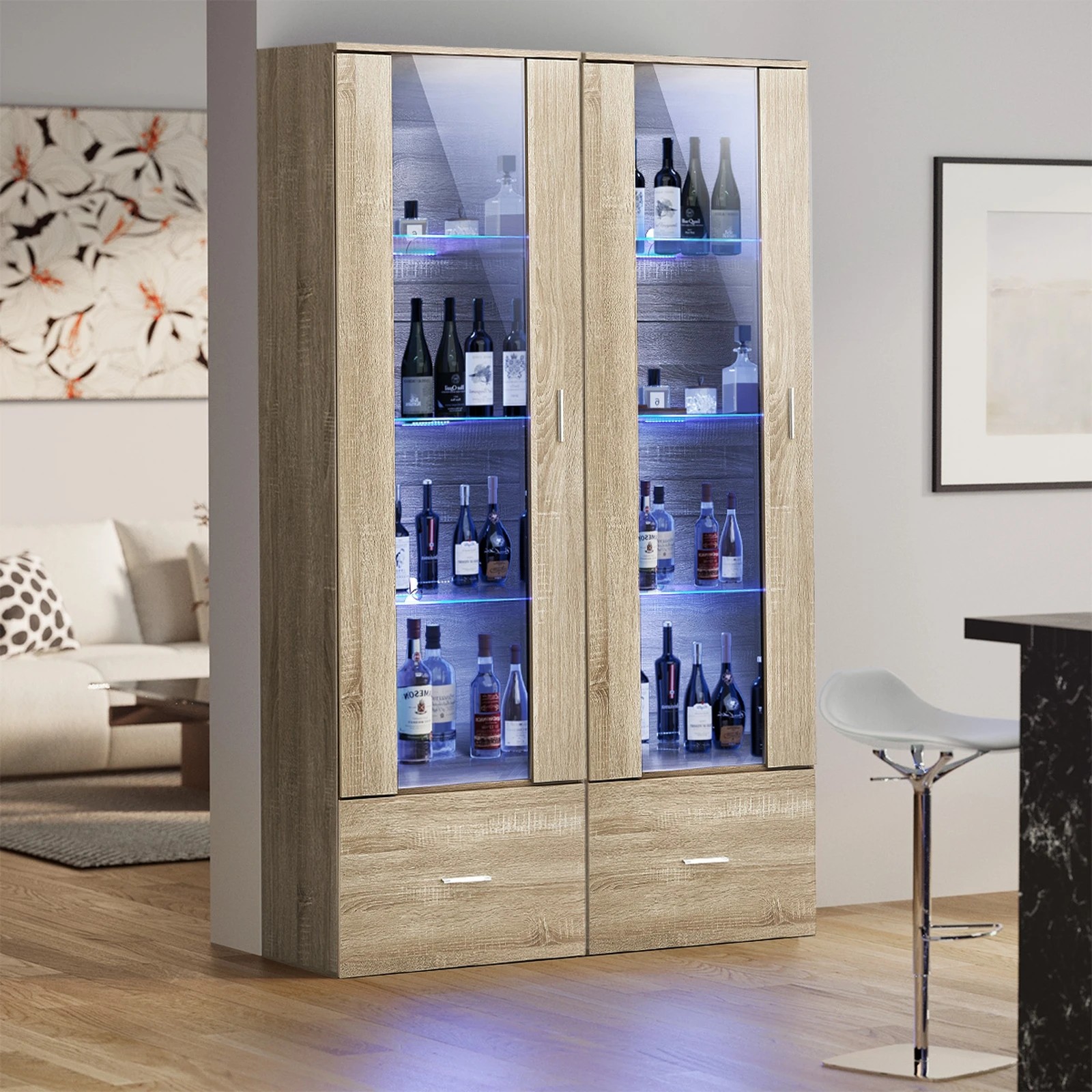 4 Oikiture Display Cabinet Buffet Sideboard LED Light Cupboard- Natural, 4 of 10