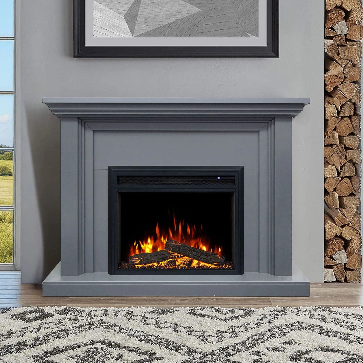 1 Moda Living Kingsley Electric Fireplace Heater Grey Mantel Suite with Moonlight Insert - Grey, 1 of 5