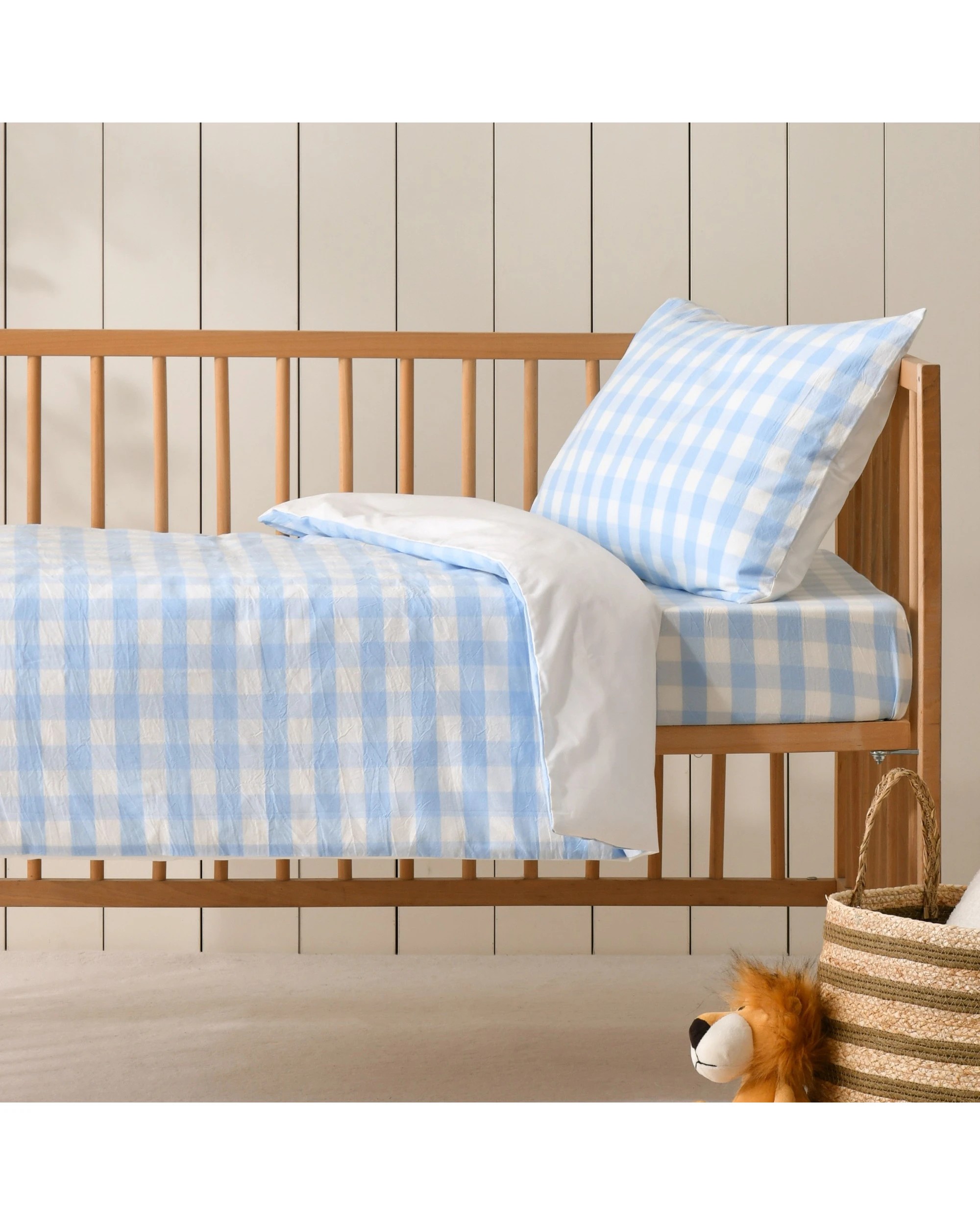 1 Dreamaker Baby Lola Washed Cotton Yarn Dyed Gingham Quilt Cover Set - COT Size - Sky, 1 of 7