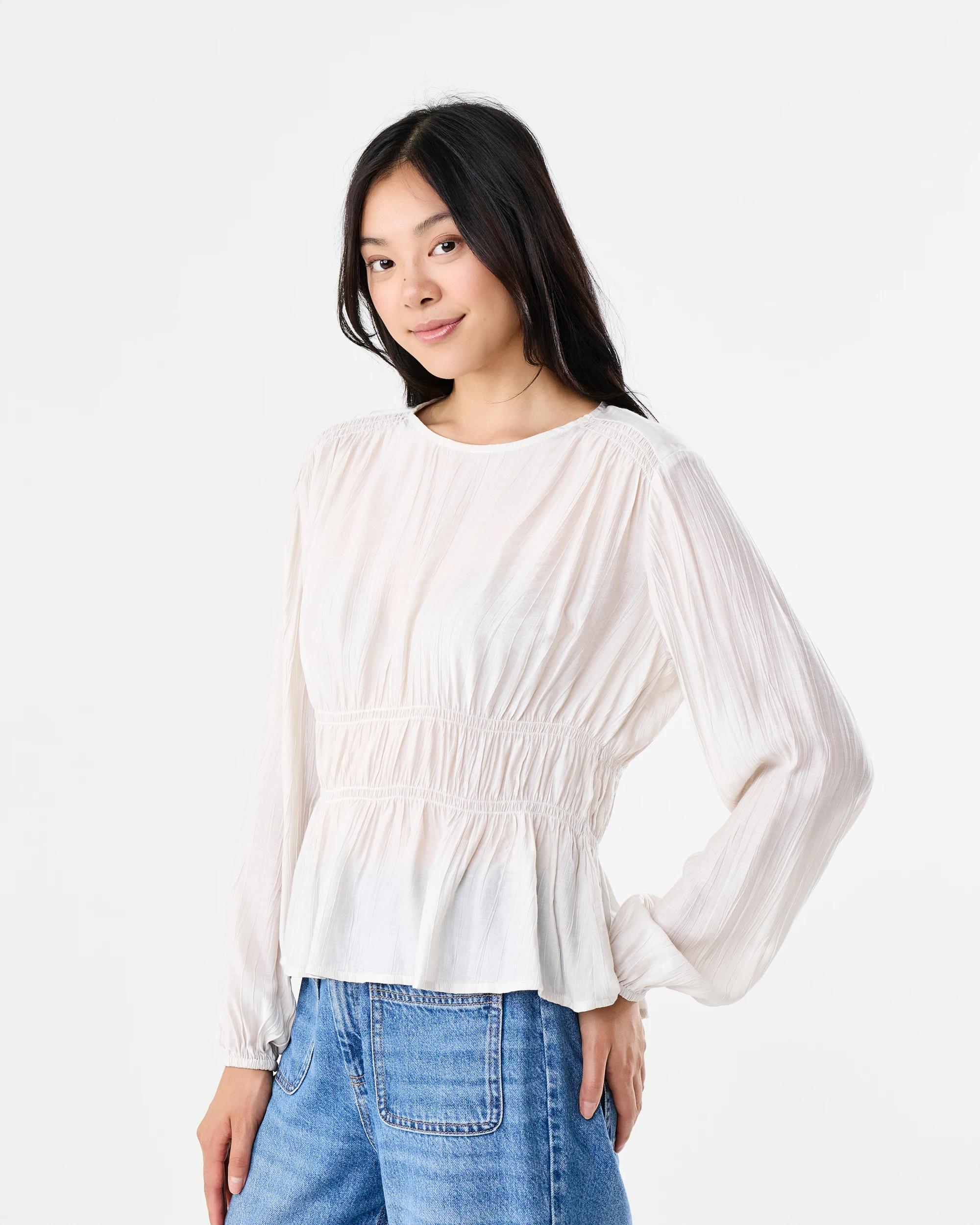 2 Long Sleeve Shirred Detail Top Nat Beige, 2 of 7