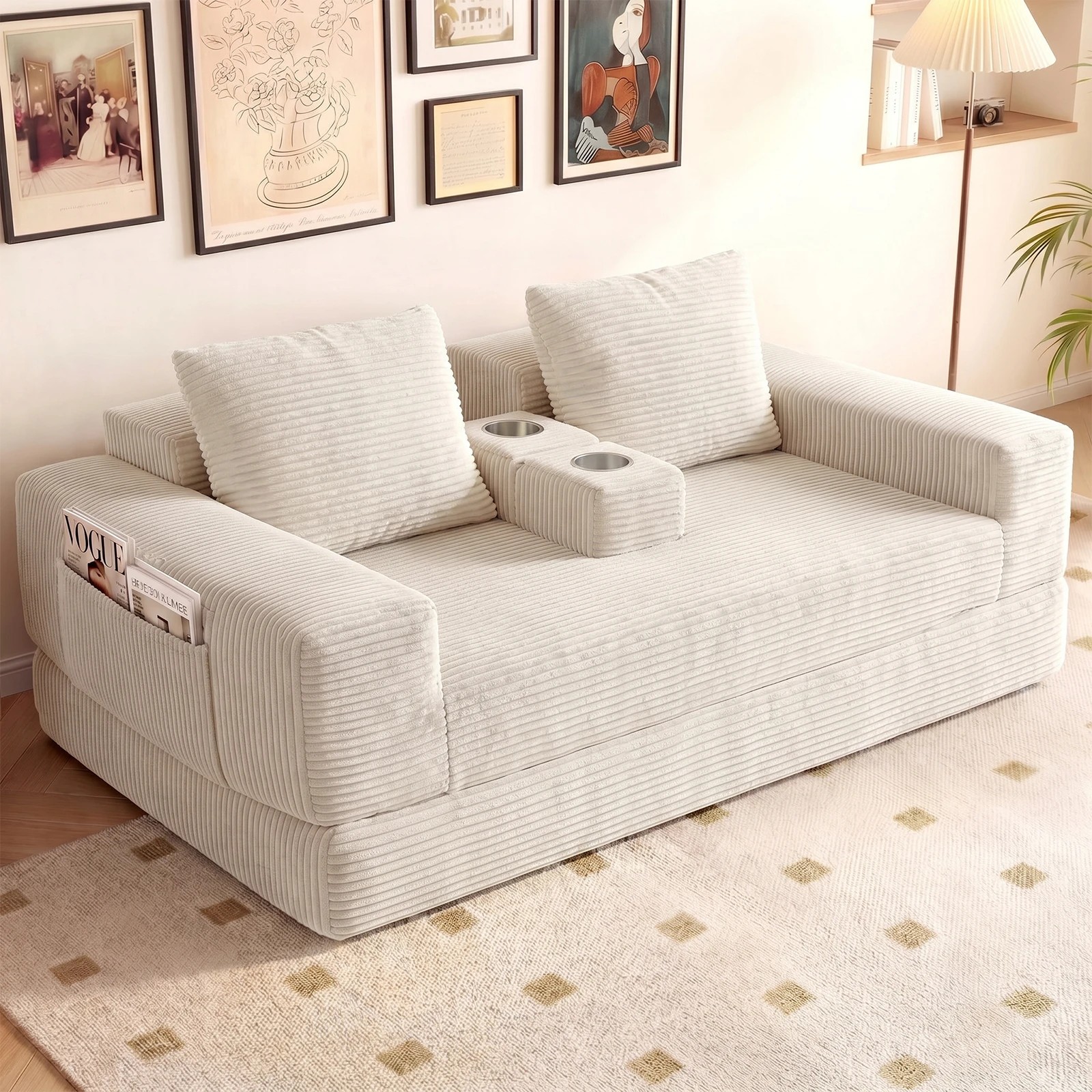 4 Advwin Folding Sofa Bed 2 in 1 Convertible Floor Loveseat Fold Out Corduroy Sleeper Couch - Beige, 4 of 7