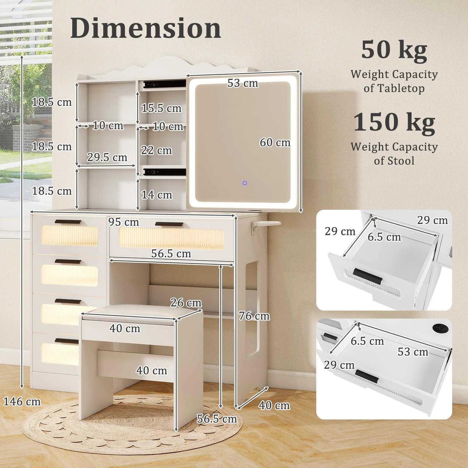 4 Costway 3-Color LED Dressing Table Set Makeup Vanity Table Stool Set w/Mirror, 4 of 10