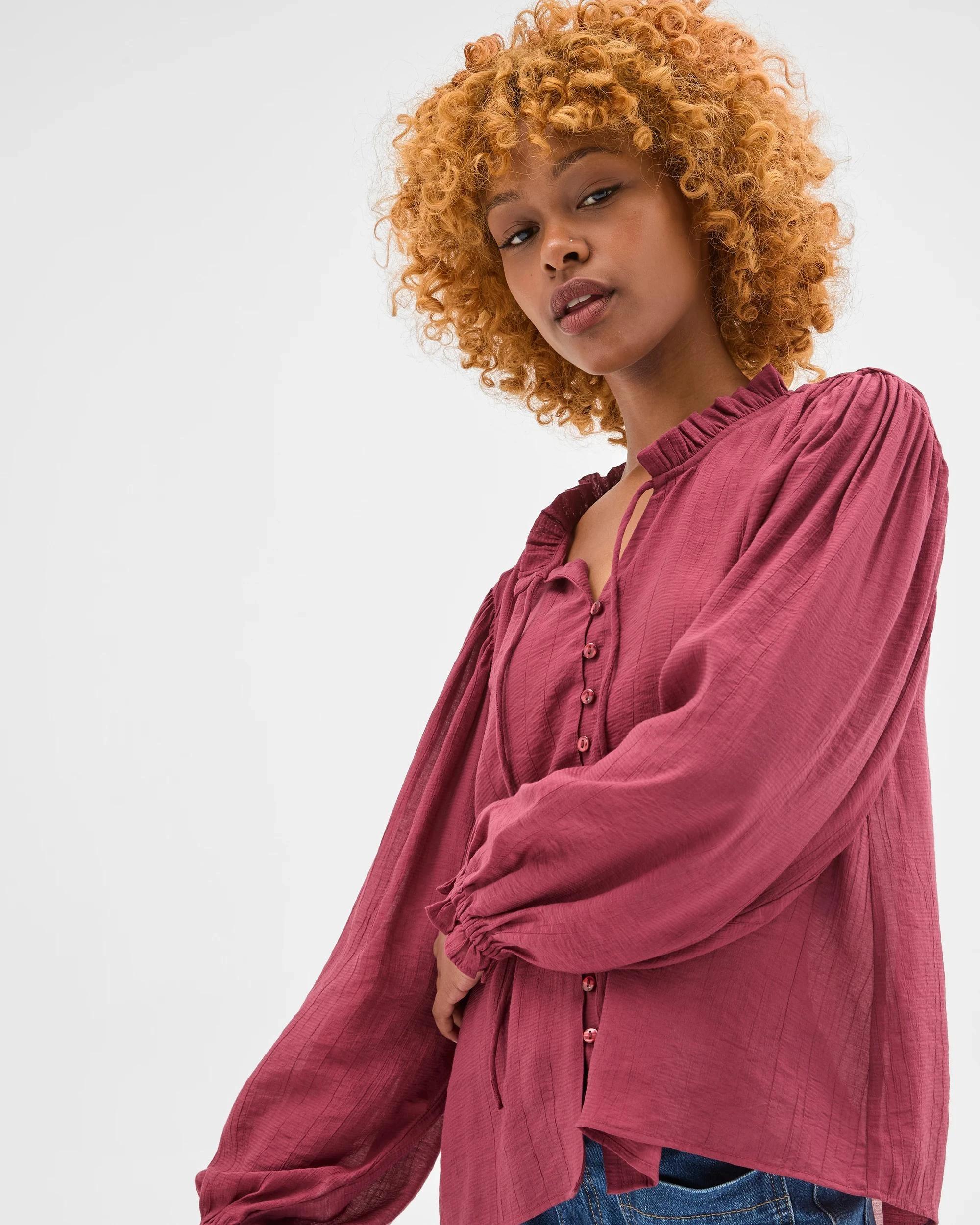 1 Target Petites Petites Long Sleeve Ruffle Blouse MARSALA, 1 of 5