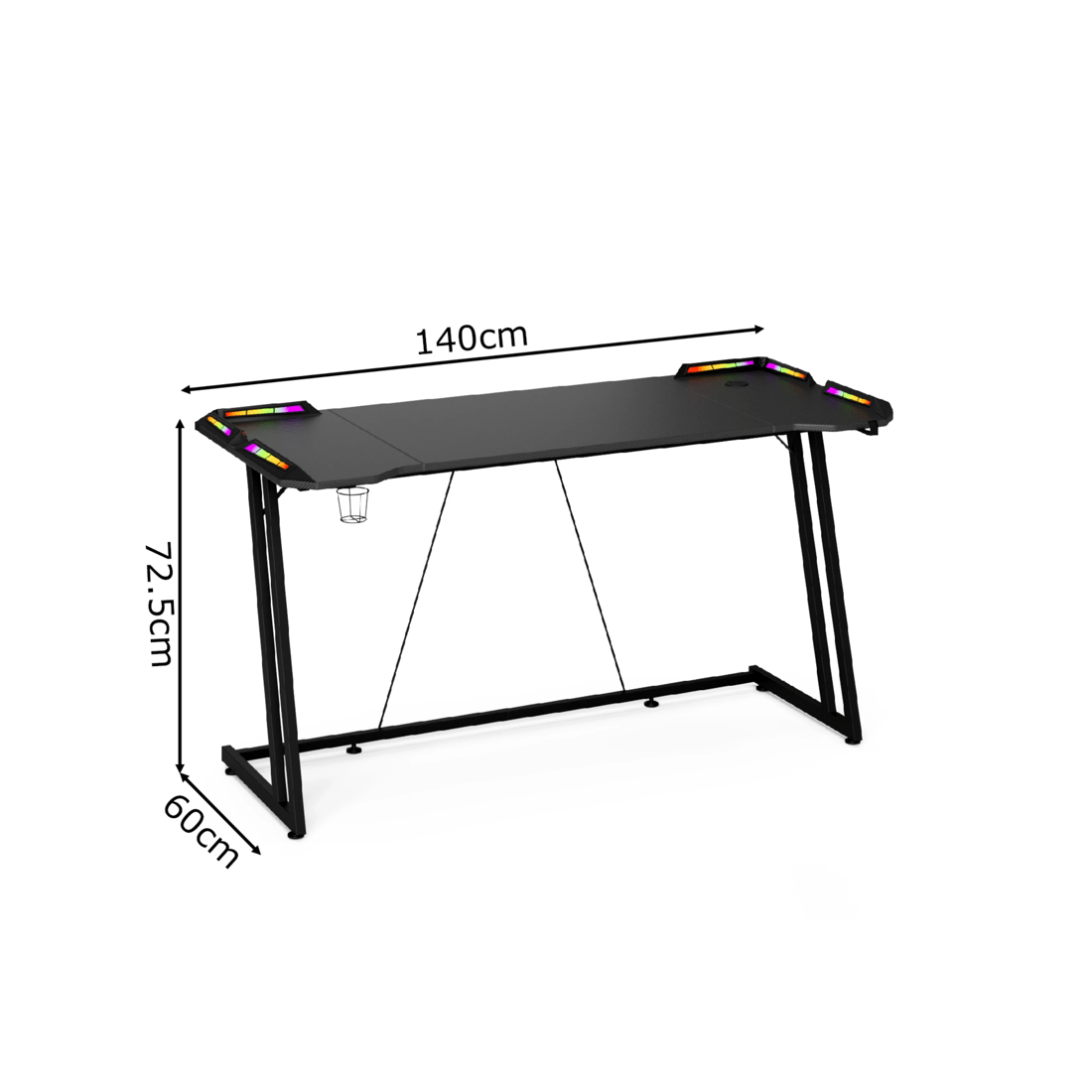 5 140cm LED RGB Gaming Desk Carbon Fiber Surface Computer Desk with Cup Holder Headphone Hook, 5 of 10