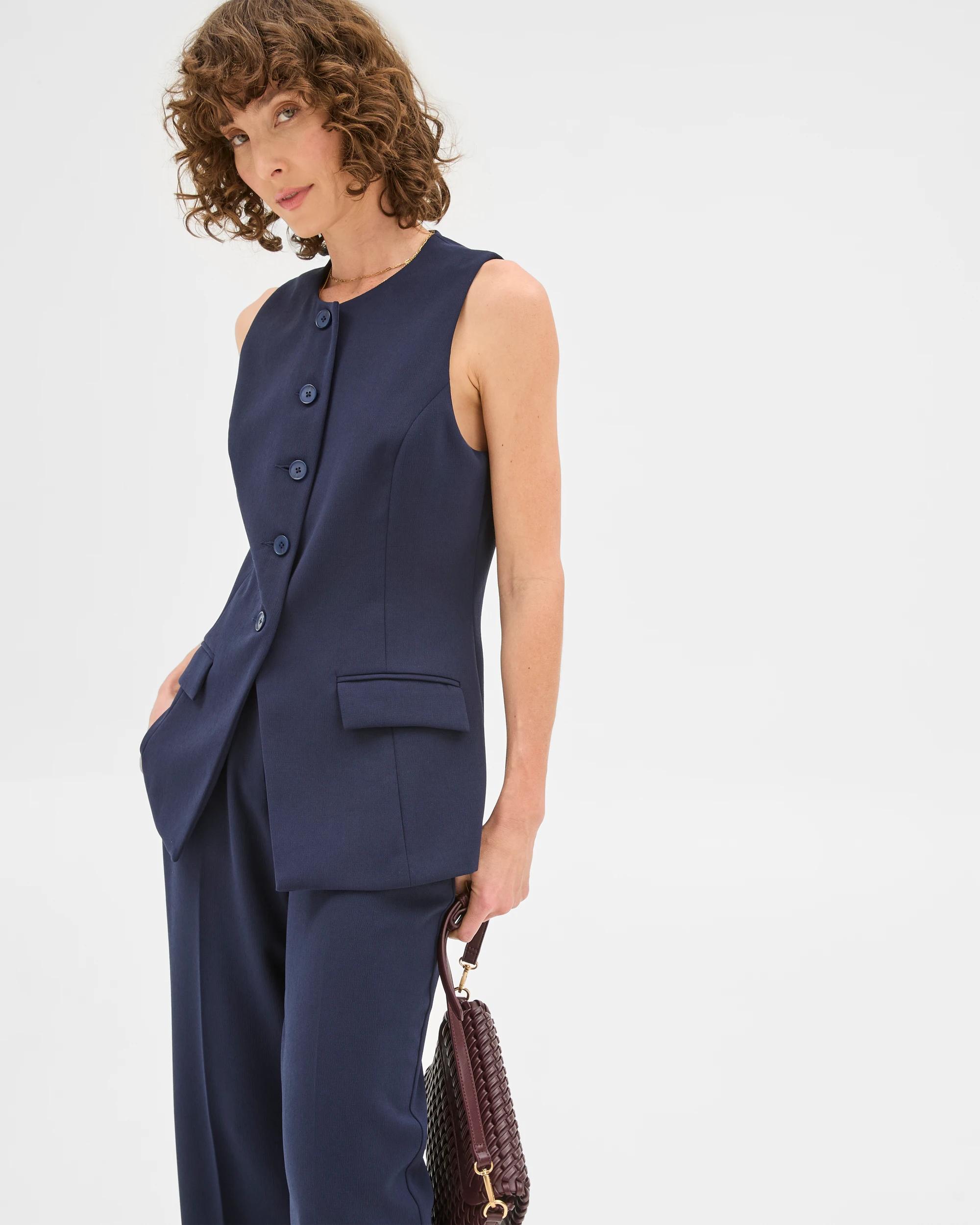 4 Crepe Tailored Button Front Vest - Preview NAVY BLUE, 4 of 6