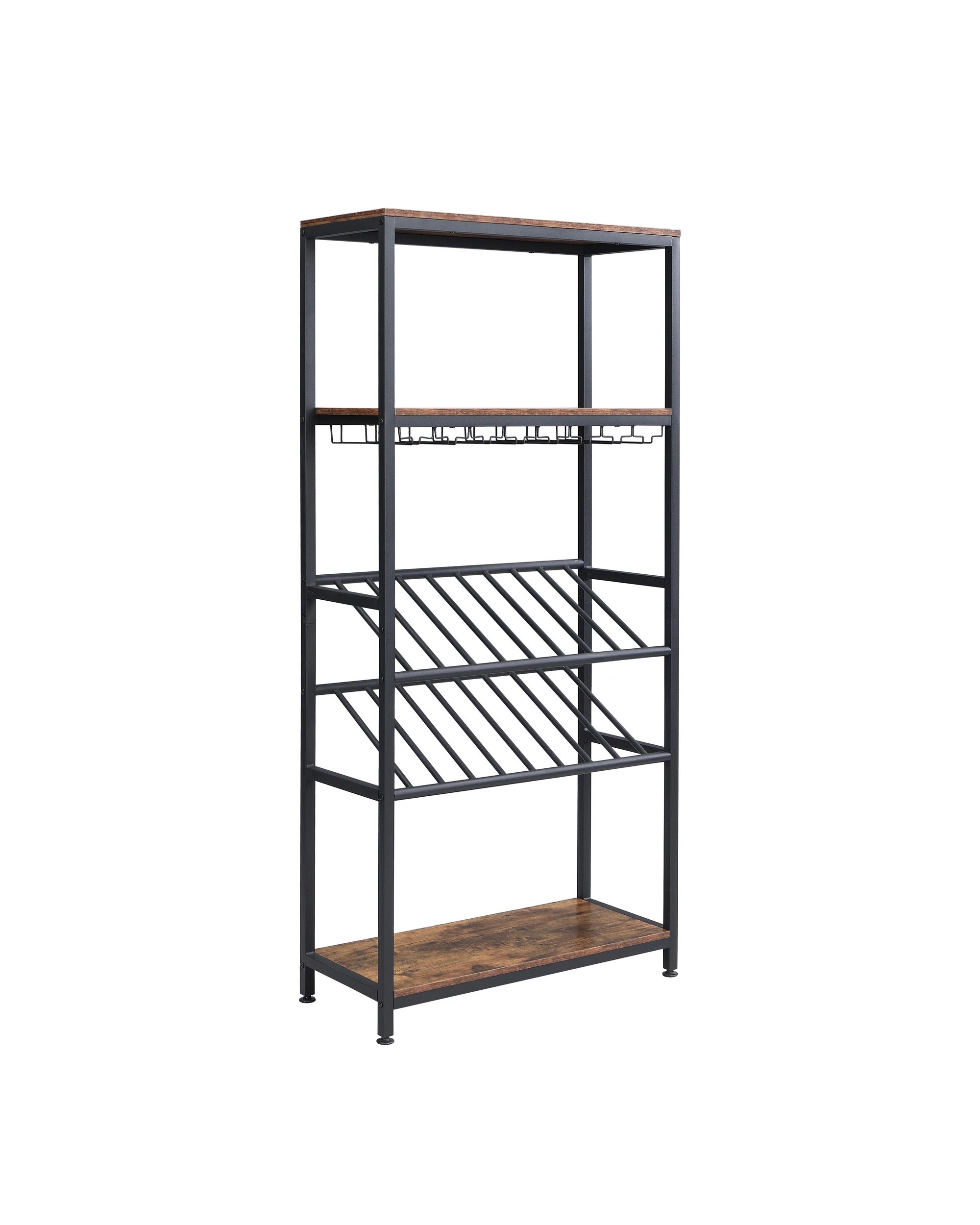 5 IHOMDEC 5 Tier Wine Rack with Faux Antique Wood Finish, Holds 16 Bottles and 24 Glasses, 5 of 5
