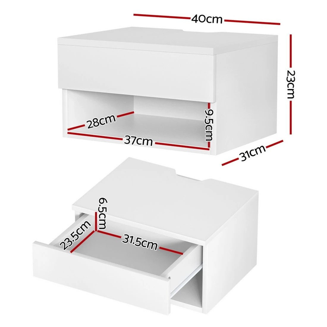 2 Artiss Floating Bedside Table Nightstand Drawer - White, 2 of 7