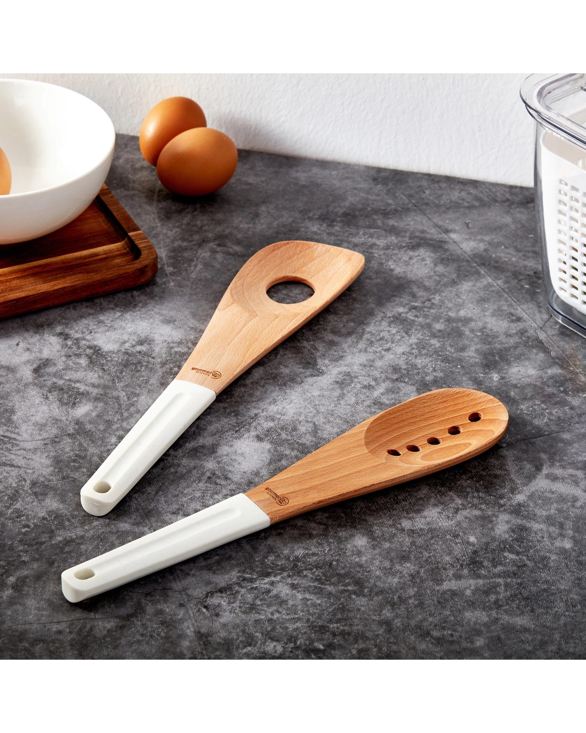 1 Gourmet Kitchen 2 Piece Modern Beech Wood Spoon Set with Silicone Grip - White, 1 of 7