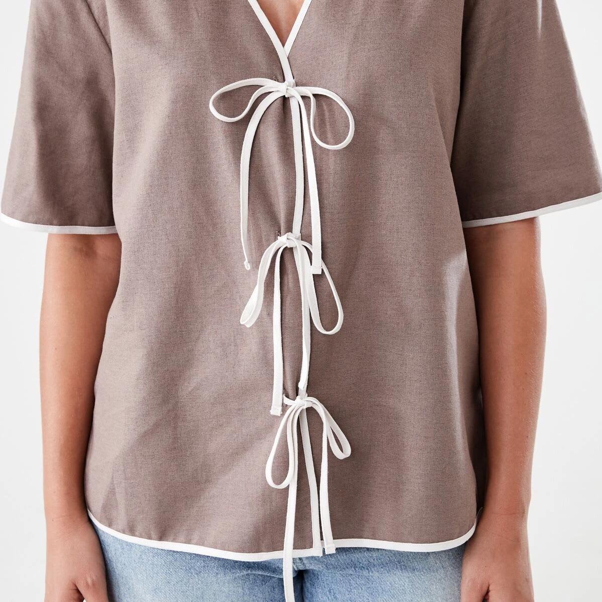5 Short Sleeve Tie Front Top DEEP TAUPE, 5 of 5