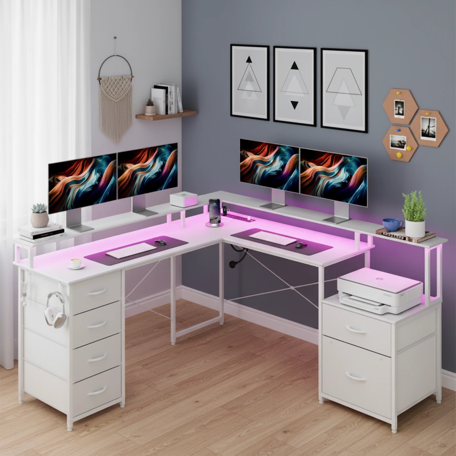 8 Advwin L Shaped Gaming Desk With Led Lights & Power Outlets, 8 of 9