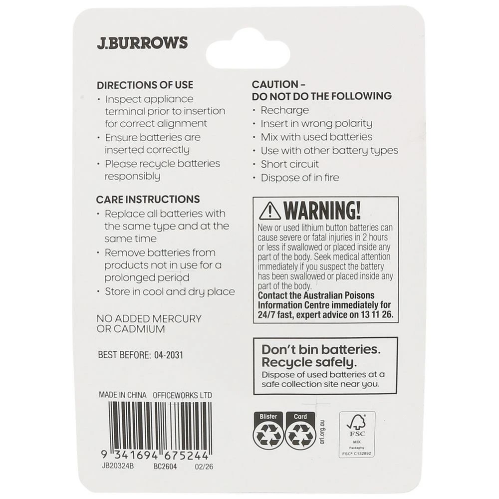 2 J.Burrows CR 2032 Button Batteries 4 Pack, 2 of 7