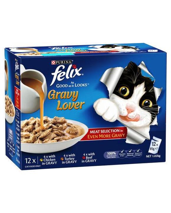 Felix As Good As It Looks Wet Cat Food Gravy Lover Meat Selection 12 x 85g