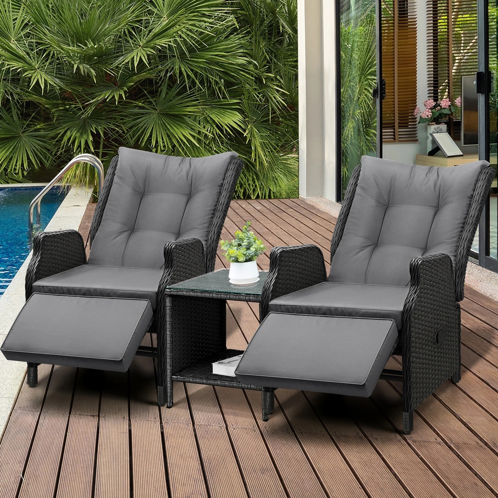 9 Livsip Sun Lounge Outdoor Recliner Chair &table Outdoor Furniture Patio Set Of 3
 - Black, 9 of 10