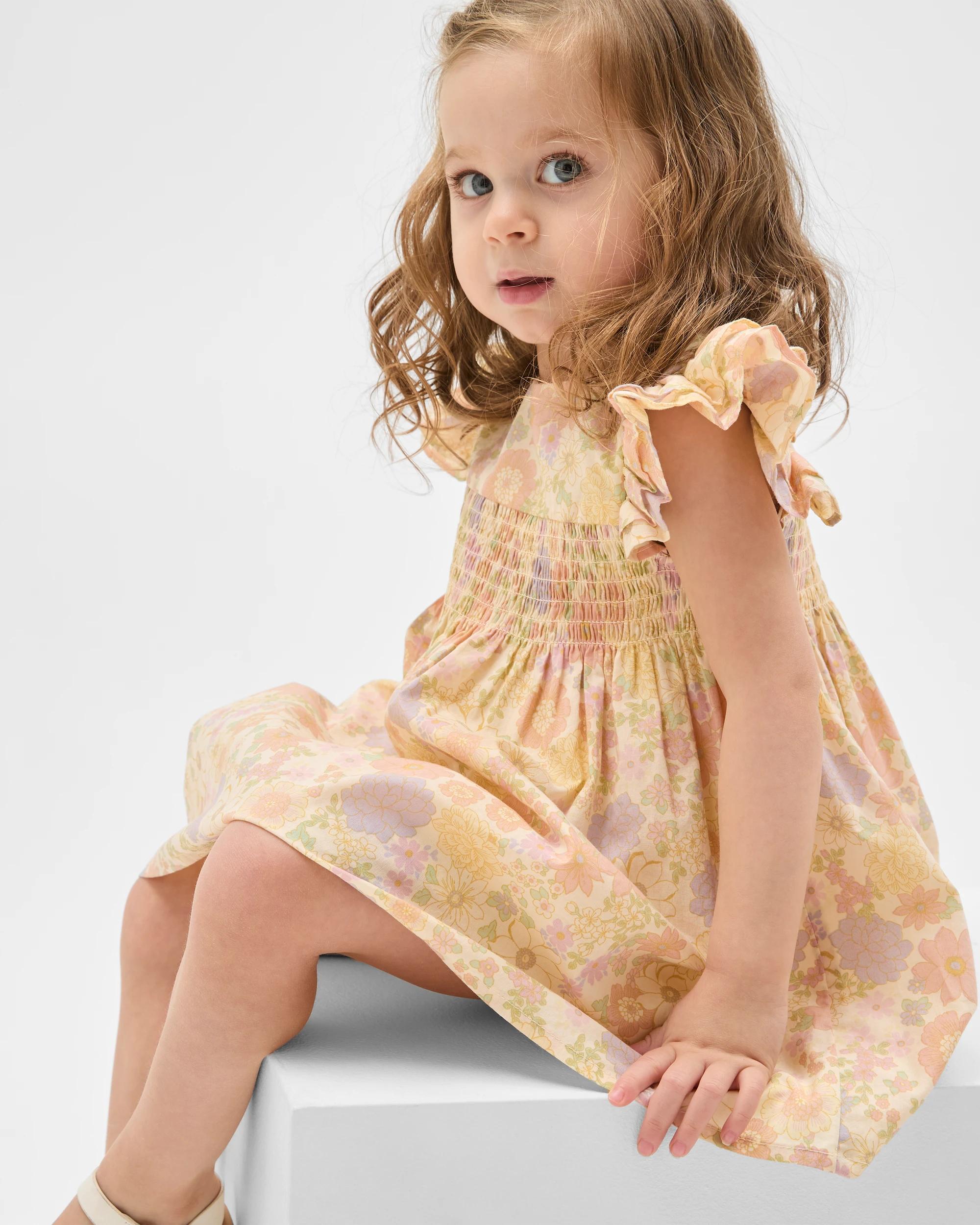 2 Target Baby Cotton Short Sleeve Shirred Woven Dress FLORAL LEMON ICING, 2 of 5