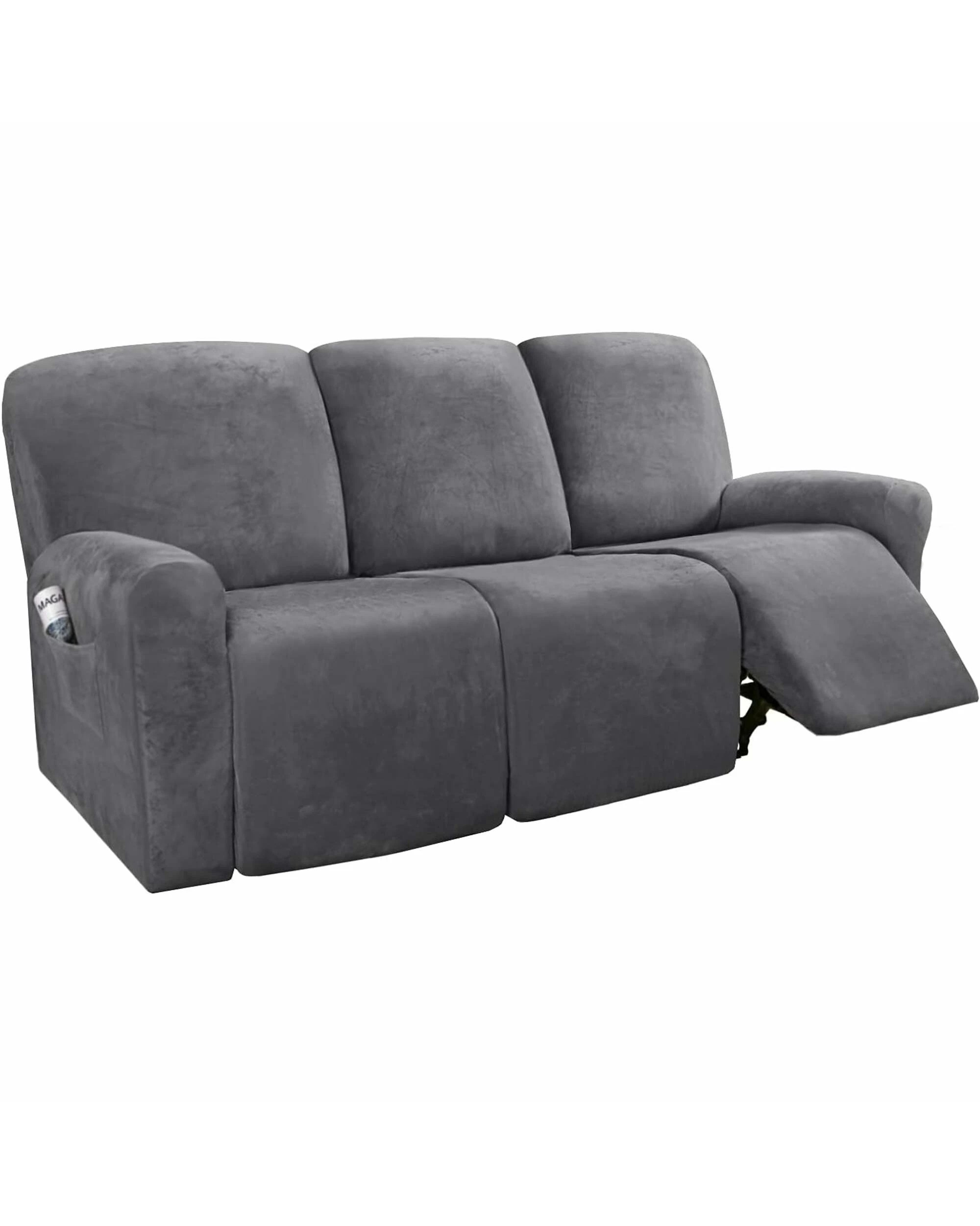 1 Smarcute 3 Seater Velvet Recliner Chair Sofa Couch Cover 8 Pieces - Grey, 1 of 6