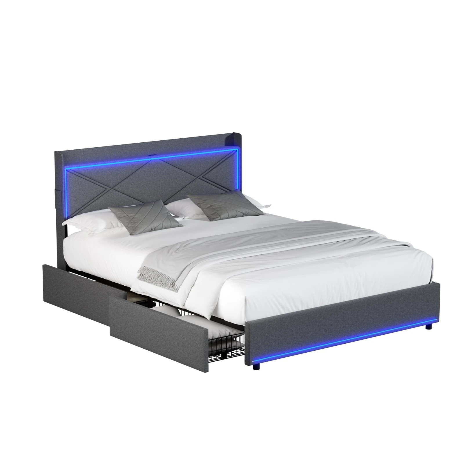 1 Oikiture Bed Frame Queen Size RGB LED Storage Headboard 4 Drawers USB Charge - Grey, 1 of 5