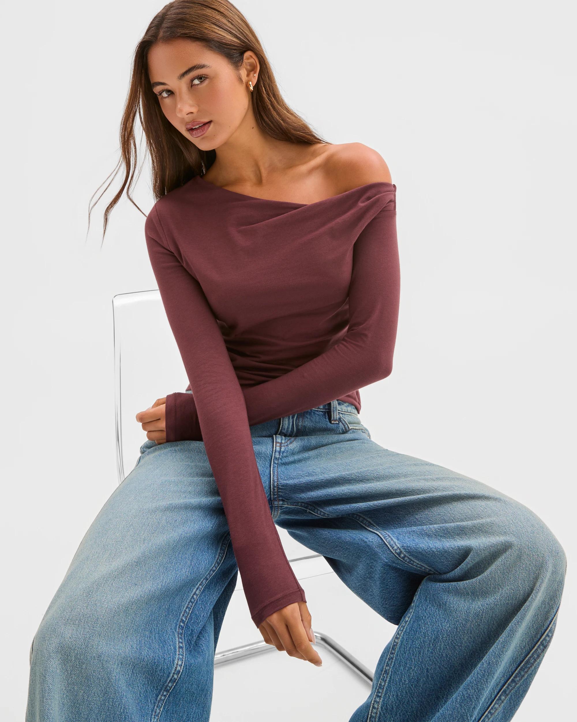 1 Lily Loves Australian Cotton Off Shoulder Long Sleeve Top BURGUNDY, 1 of 7