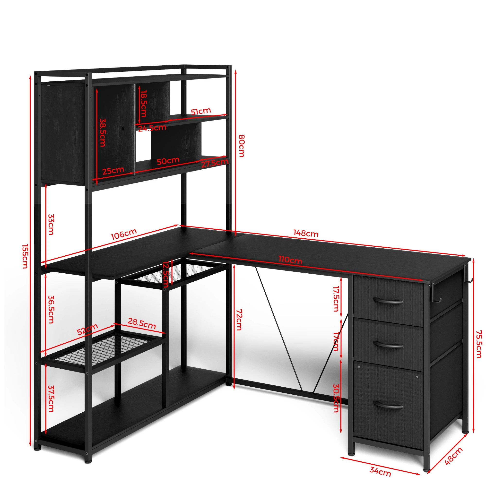 2 Advwin L Shaped Gaming Desk With Led Lights Reversible 148cm Computer Desk With 3 Drawers And Bookshelf, 2 of 8