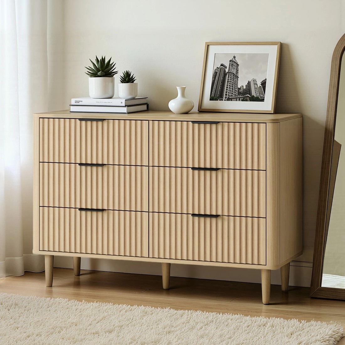 2 Oikiture 6 Chest Of Drawers Storage Cabinet Dressers Lowboy Stripe
 - Natural, 2 of 10