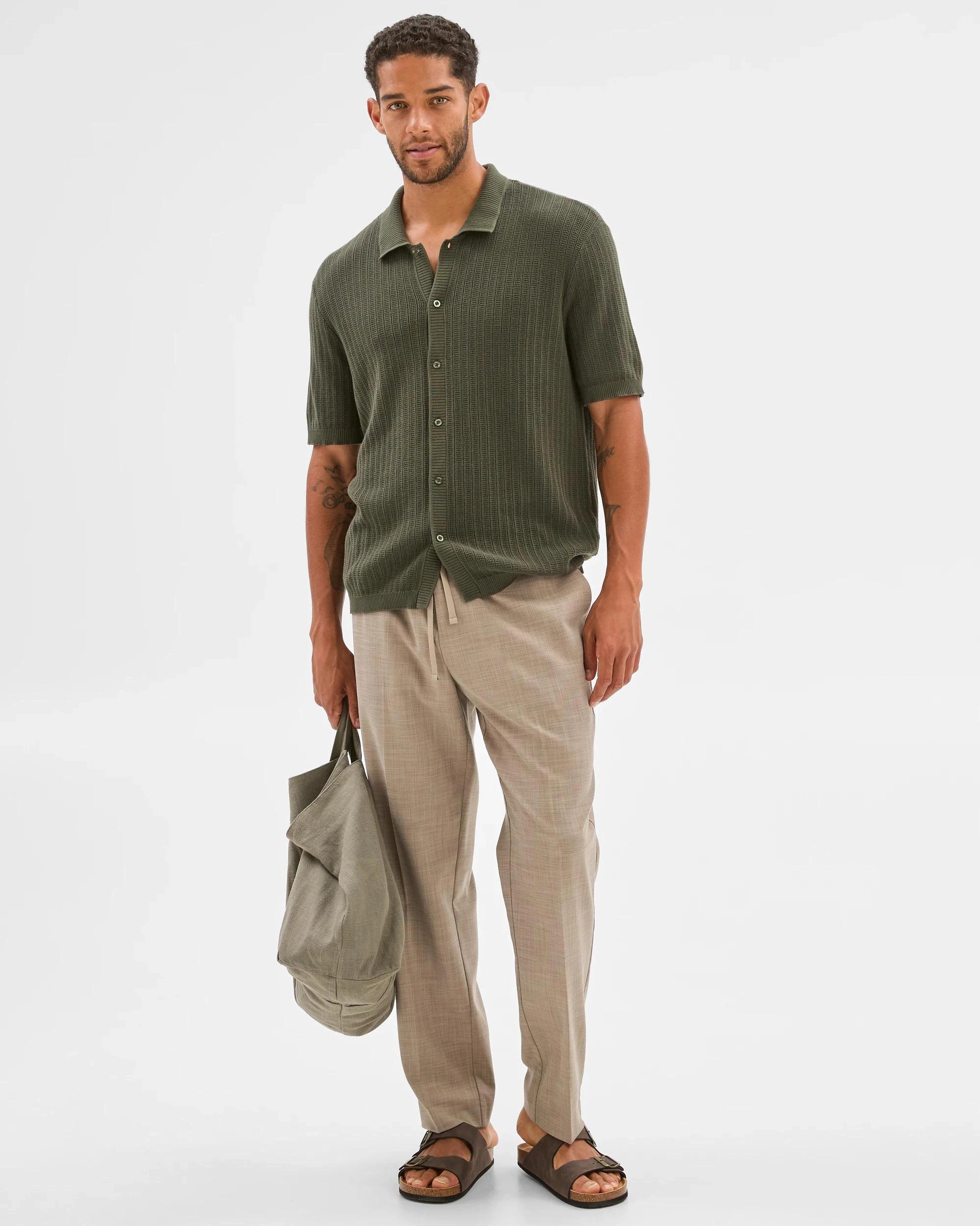 1 Australian Cotton Textured Stripe Knit Shirt - Preview KHAKI, 1 of 6