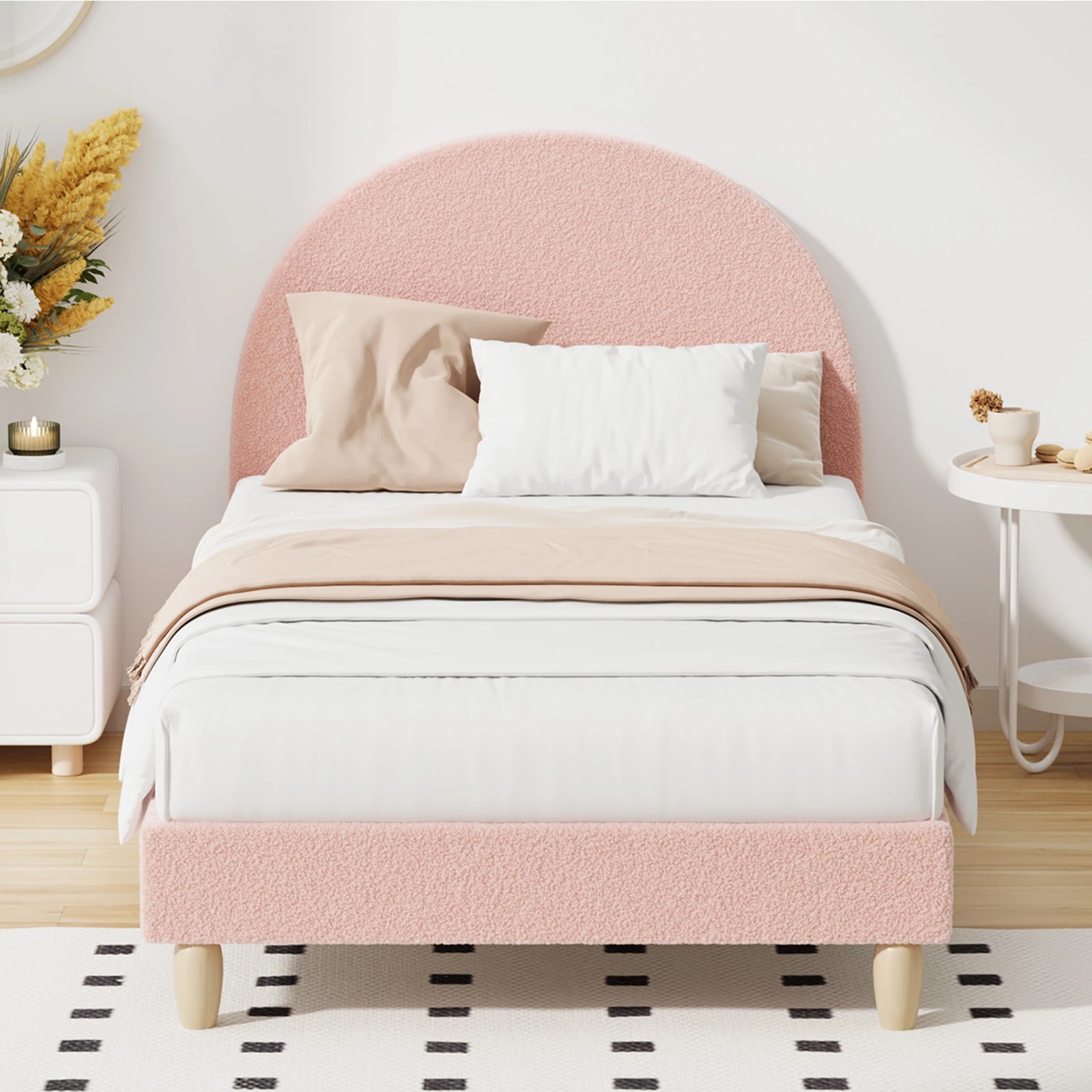 4 Oikiture Bed Frame Single Size Boucle - Pink, 4 of 7
