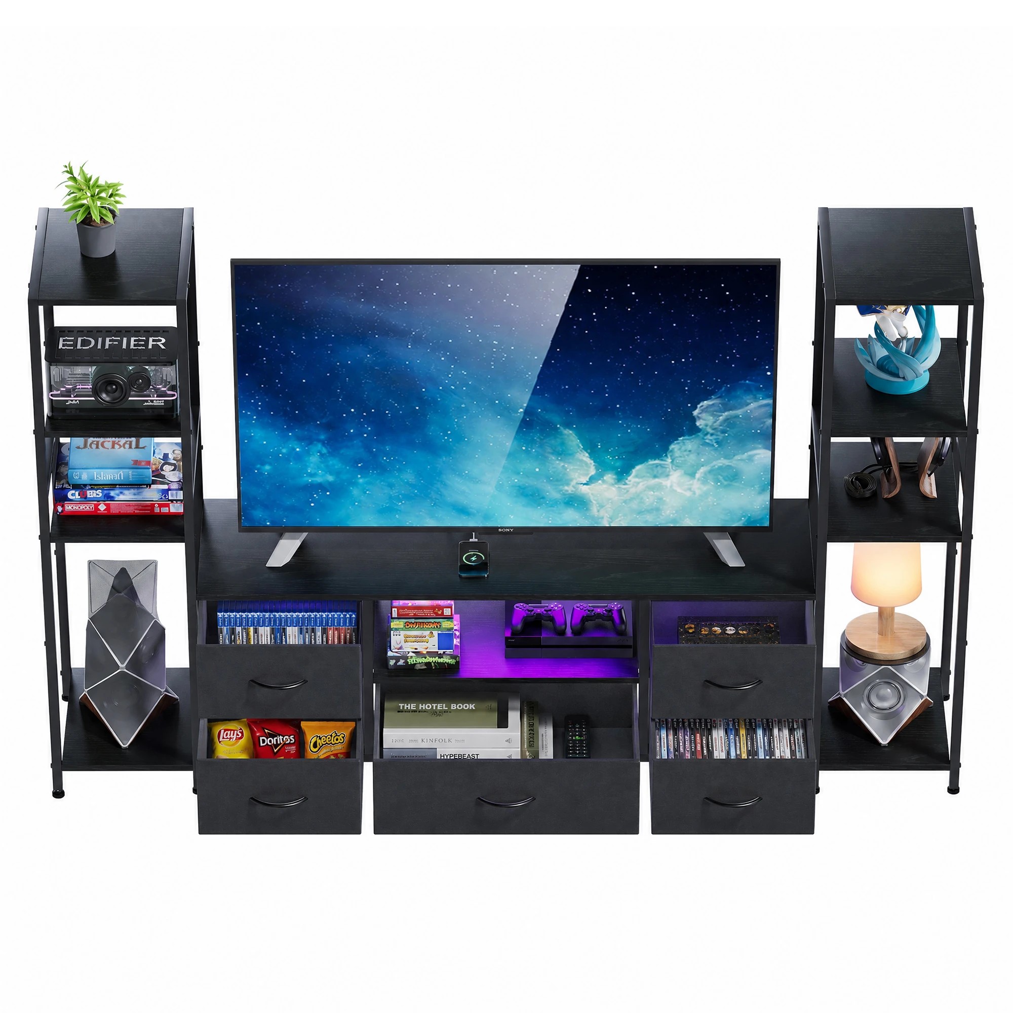 6 Advwin 185cm TV Stand with Bookshelf Power Outlet & LED Lights for 32-55 inch TV - Black, 6 of 7