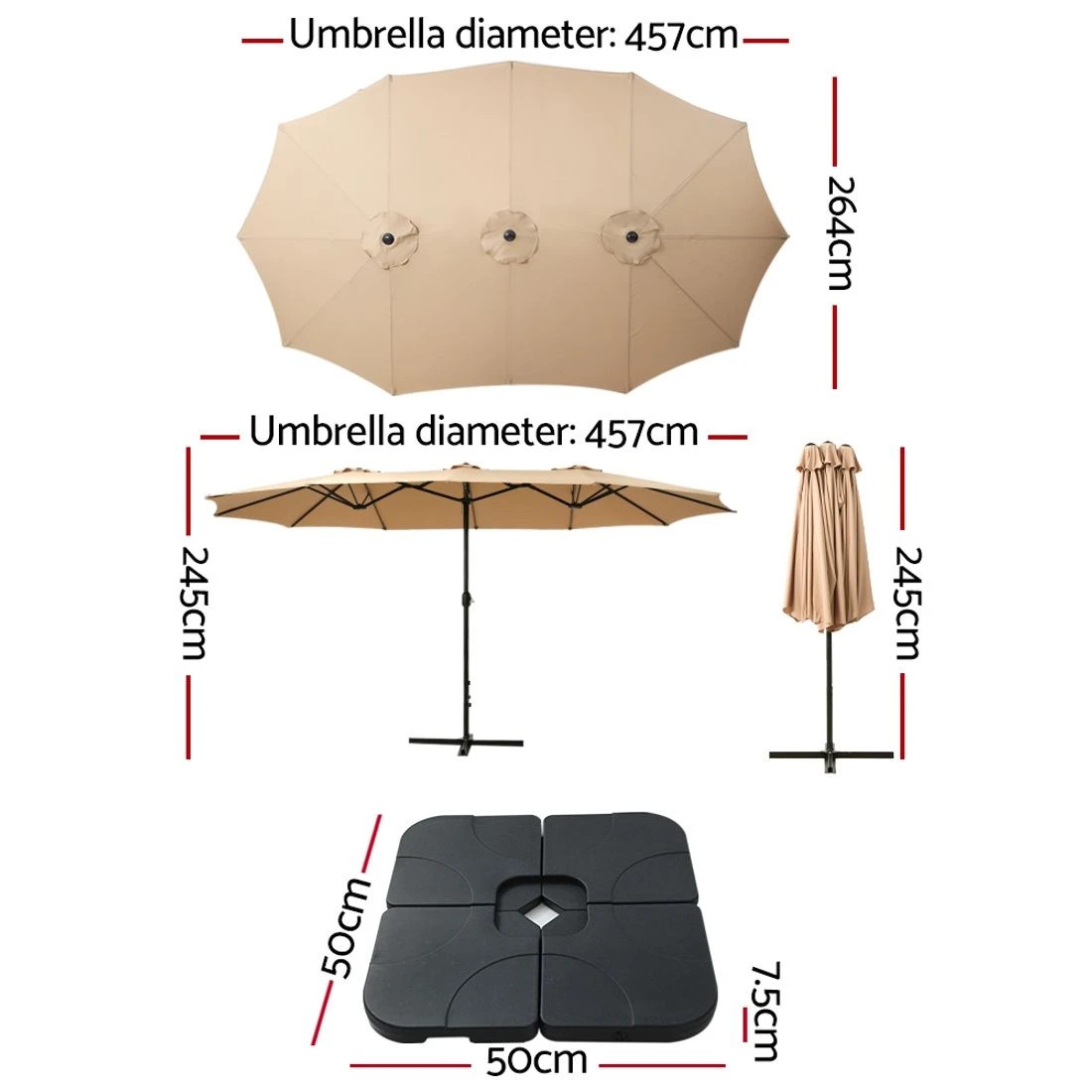 2 Instahut 4.57m Outdoor Umbrella w/Base Stand Beach Pole Garden Tilt - White, 2 of 4