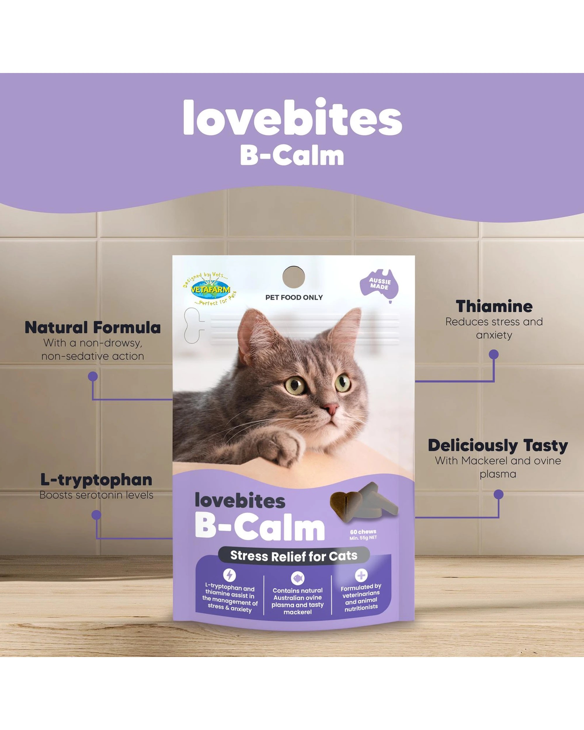 3 Vetafarm Lovebites B-Calm Stress Relief with L-tryptophan for Cats 60 Pack, 3 of 10