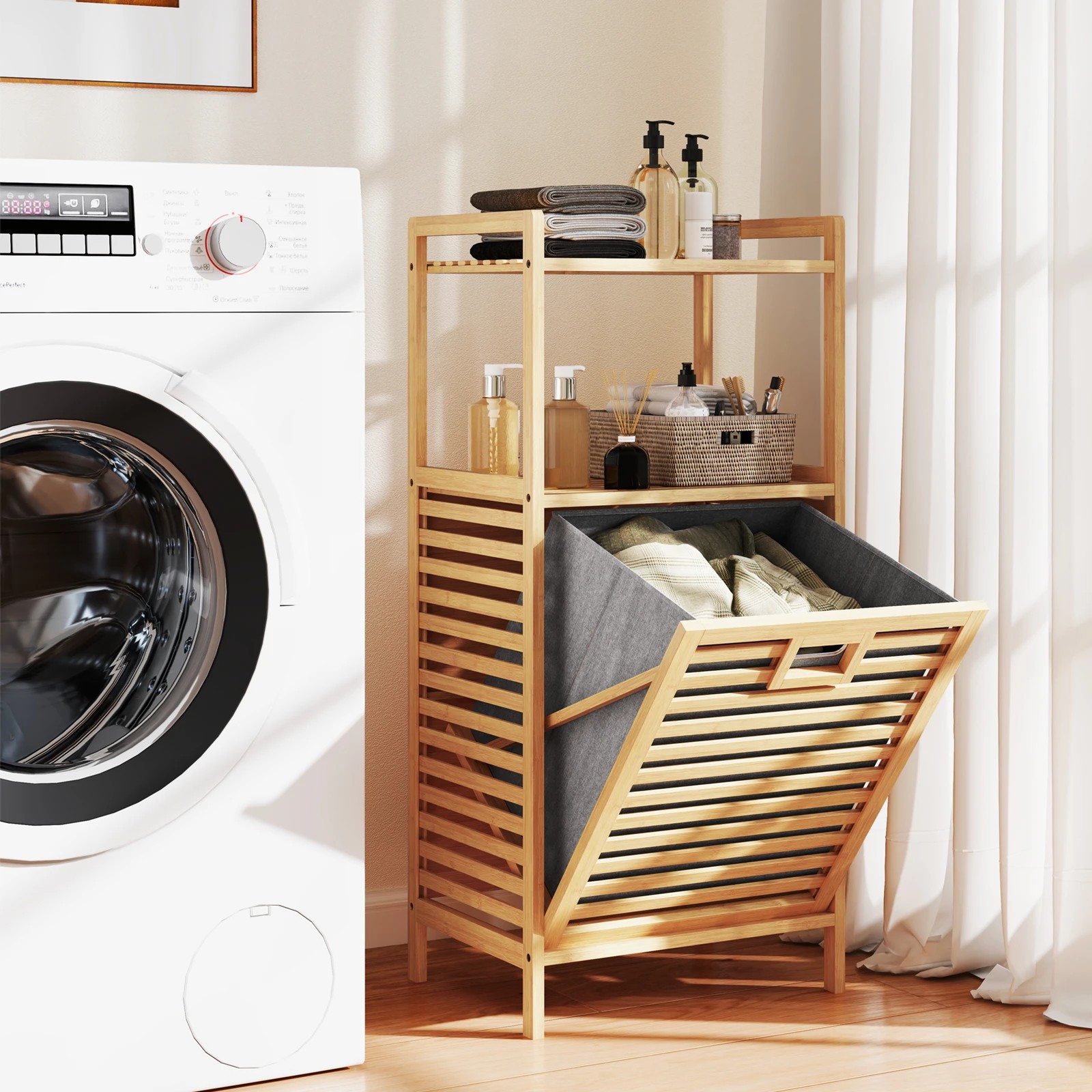 4 Costway Bamboo Laundry Cabinet Bathroom Storage Cupboard w/Tilt-Out Basket - Natural, 4 of 6