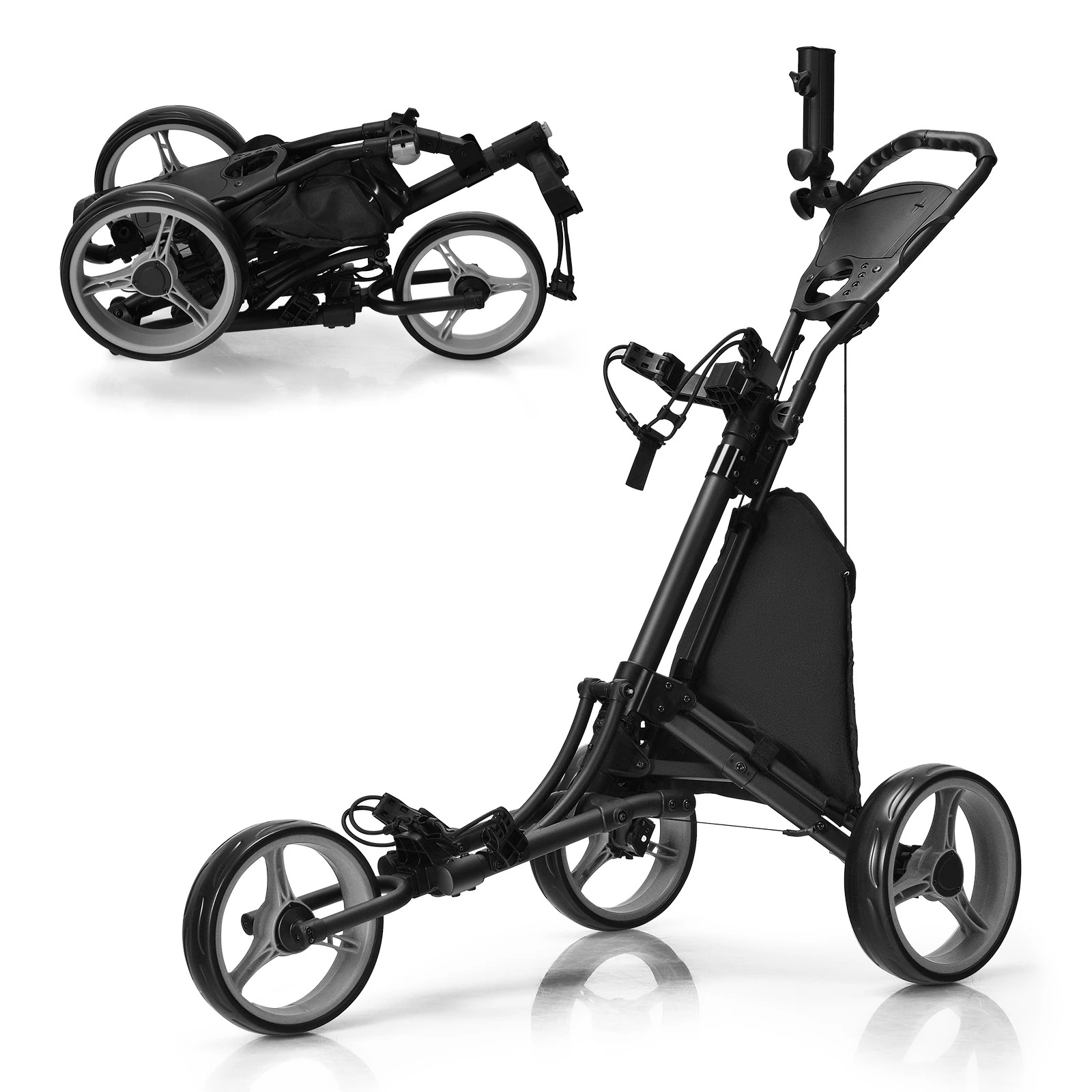 1 Costway Foldable Golf Buggy Trolley 3 Wheels Golf Club Push Cart Adjustable - Grey, 1 of 1